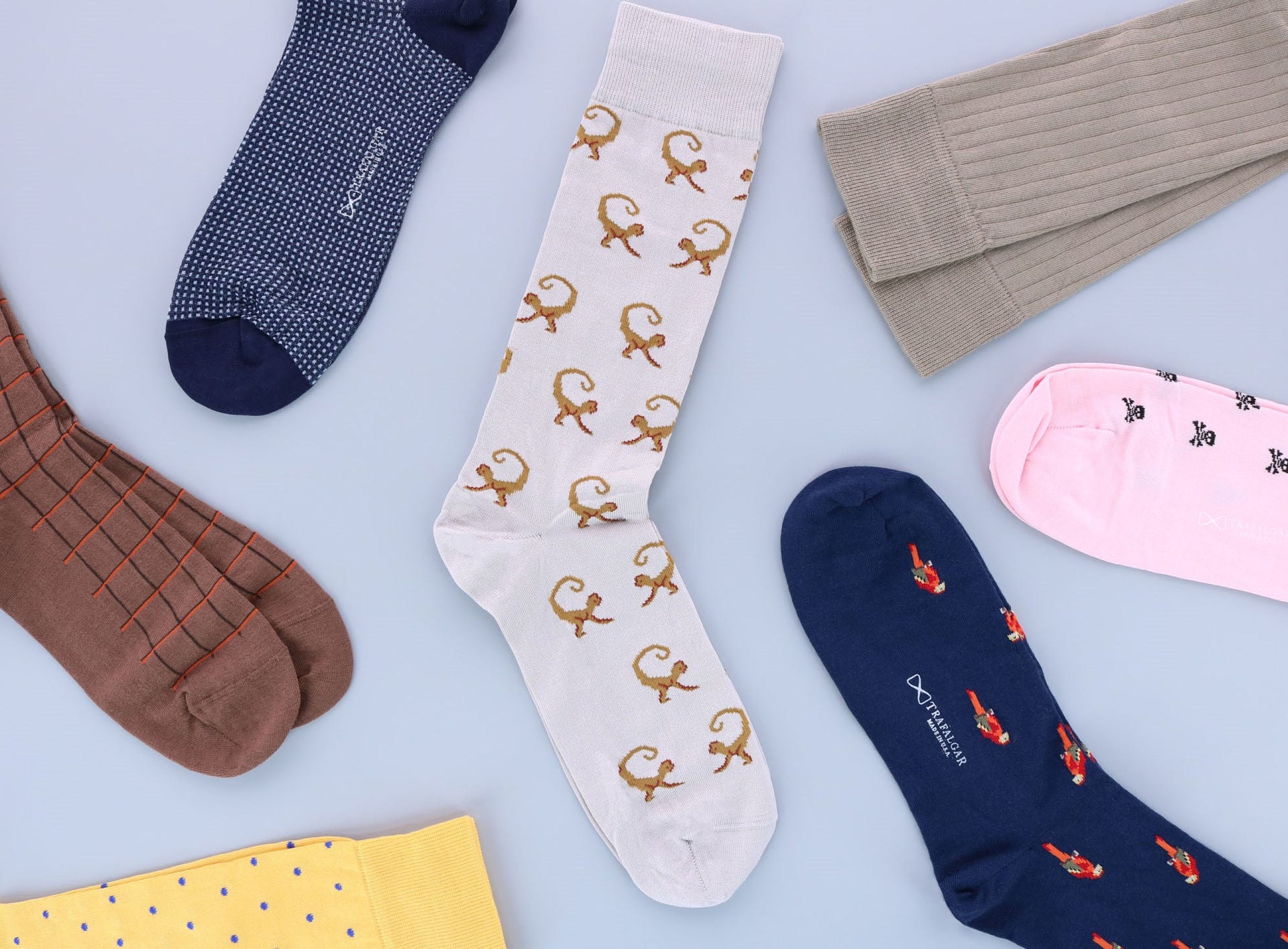 Six dress socks in various colors and patterns