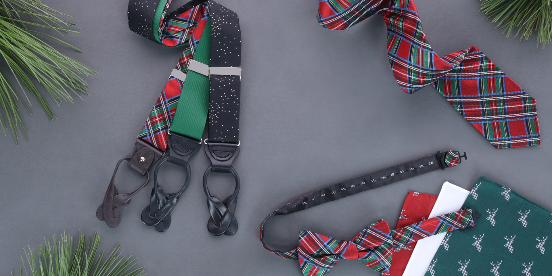 various holiday accessories including suspenders, ties, and pocket squares