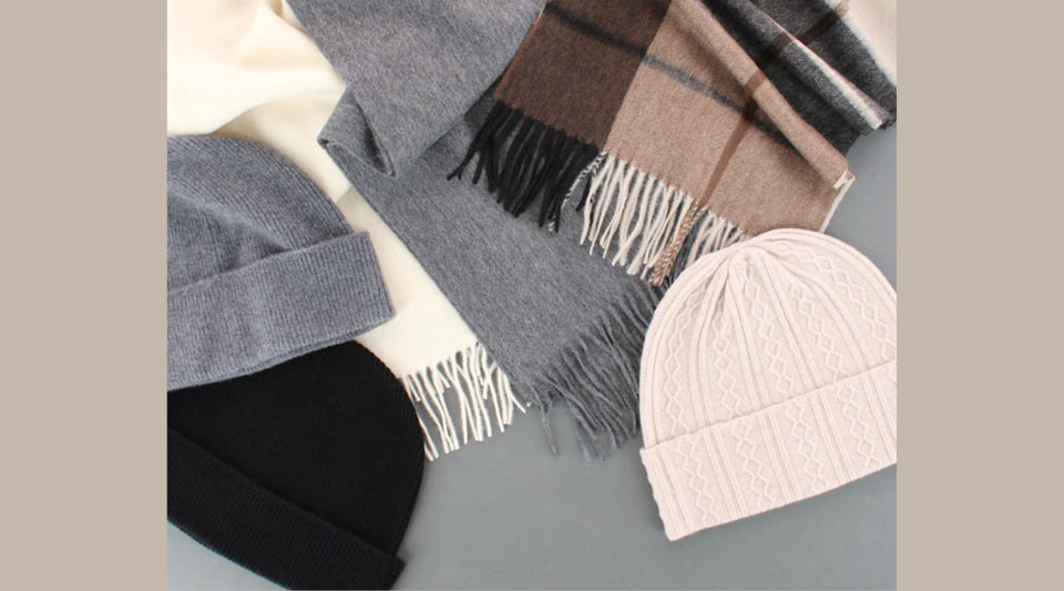 three winter hats and three winter scarves