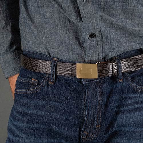 Close up of man wearing belt