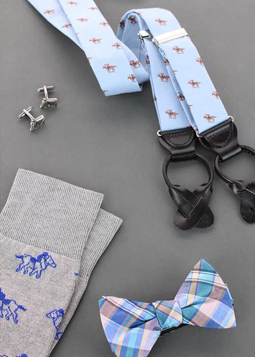 Braces, cufflinks, socks, and bow tie inspired by the Kentucky Derby