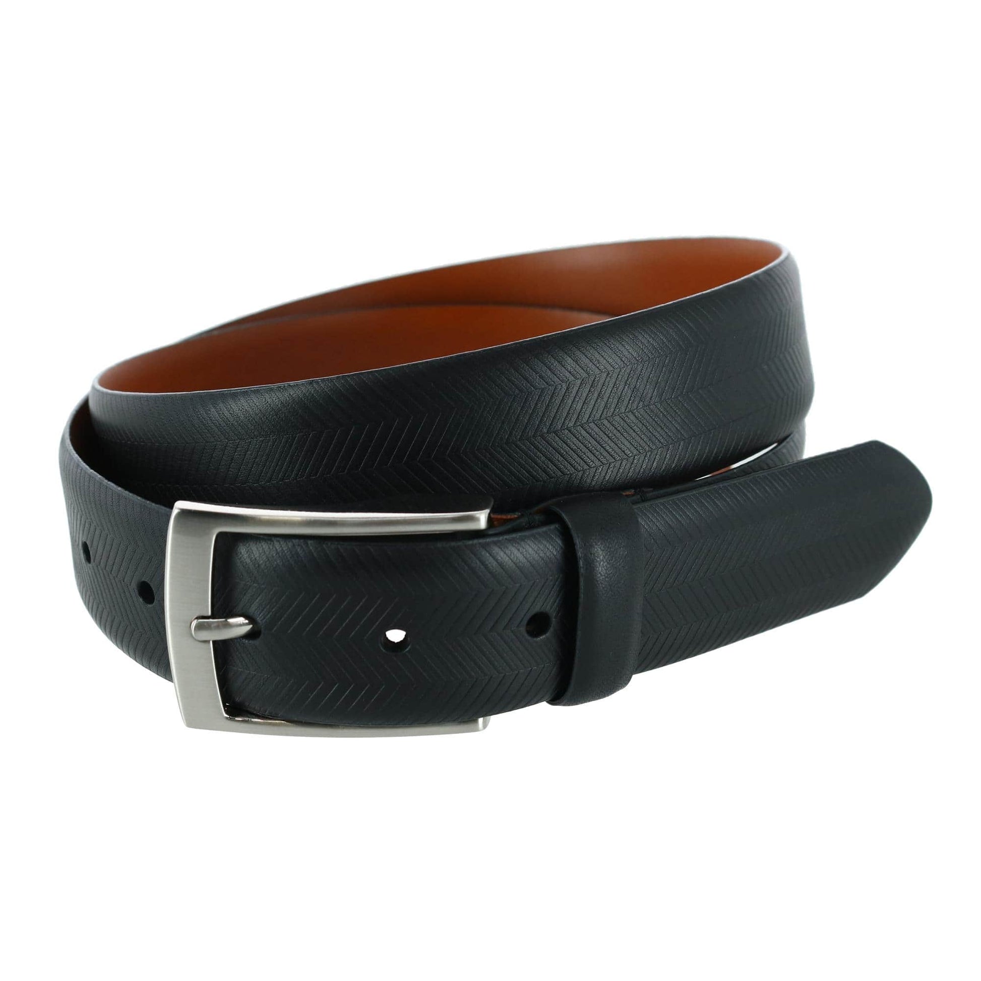 Gregorio 35mm Herringbone Embossed Feather Edged Leather Belt - Black