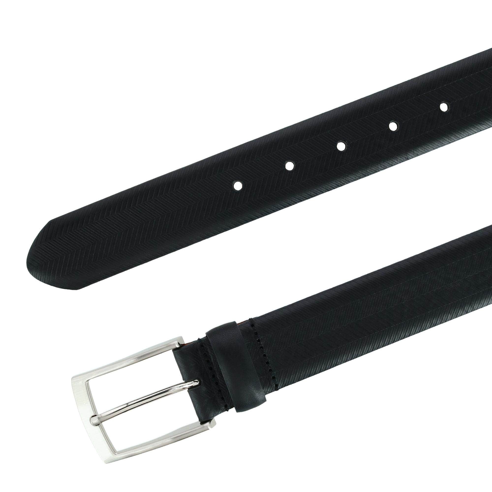 Gregorio 35mm Herringbone Embossed Feather Edged Leather Belt - Black
