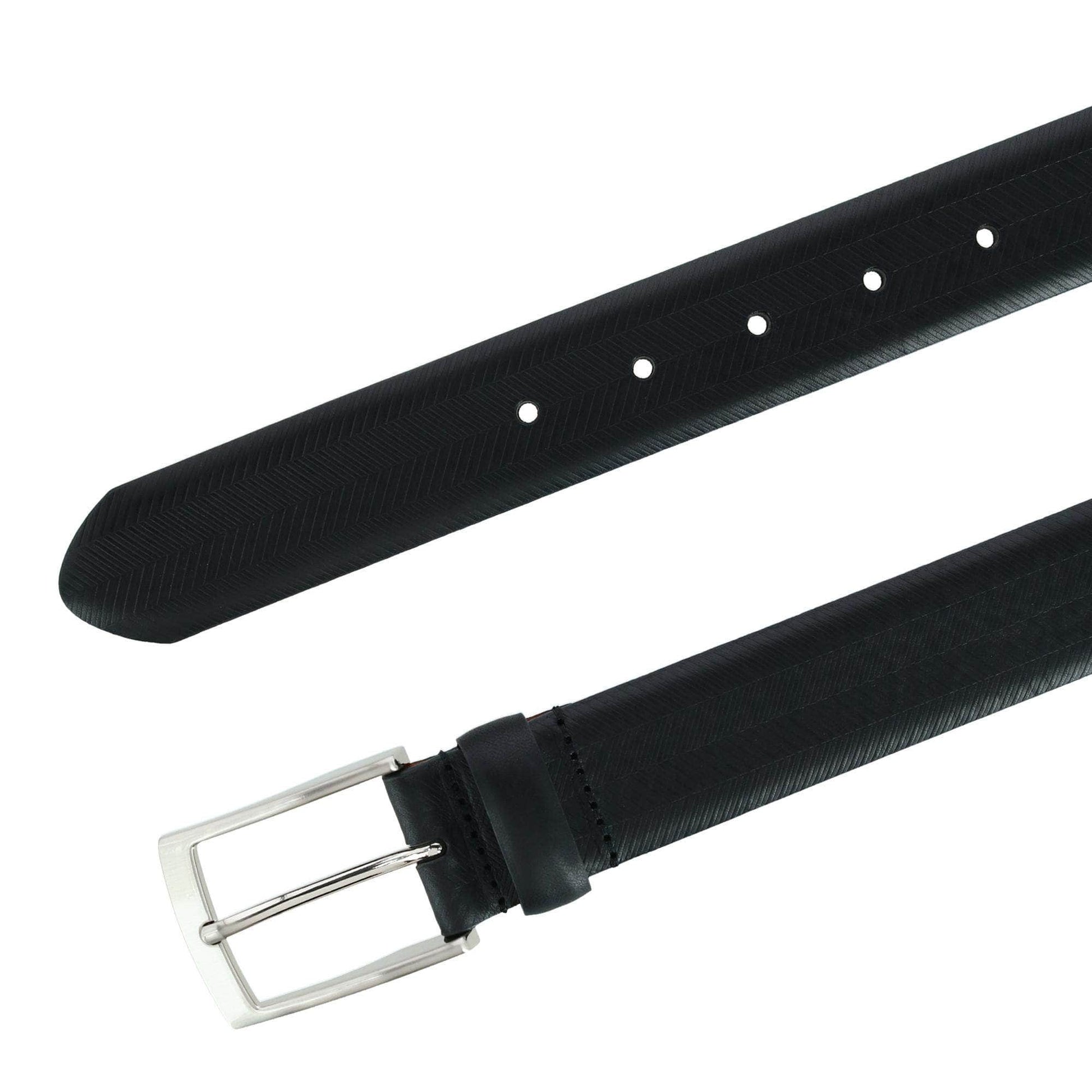 Gregorio 35mm Herringbone Embossed Feather Edged Leather Belt - Black