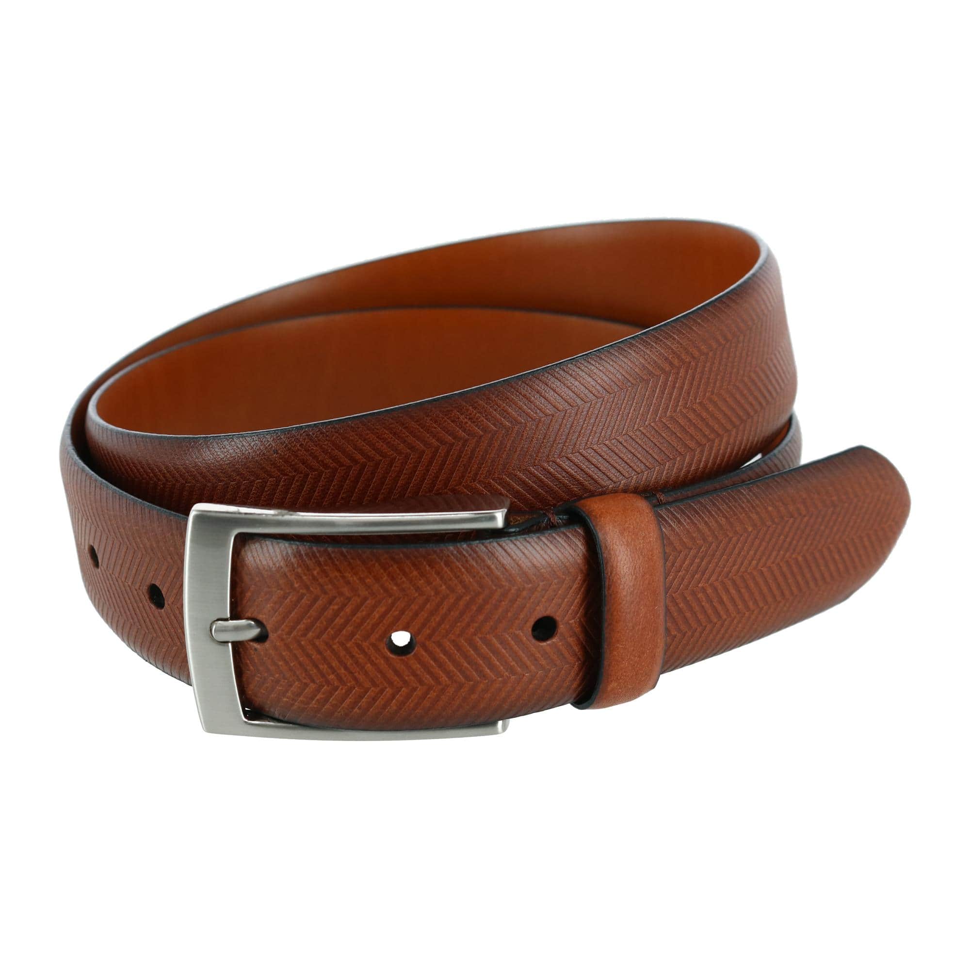 Gregorio 35mm Herringbone Embossed Feather Edged Leather Belt - Cognac