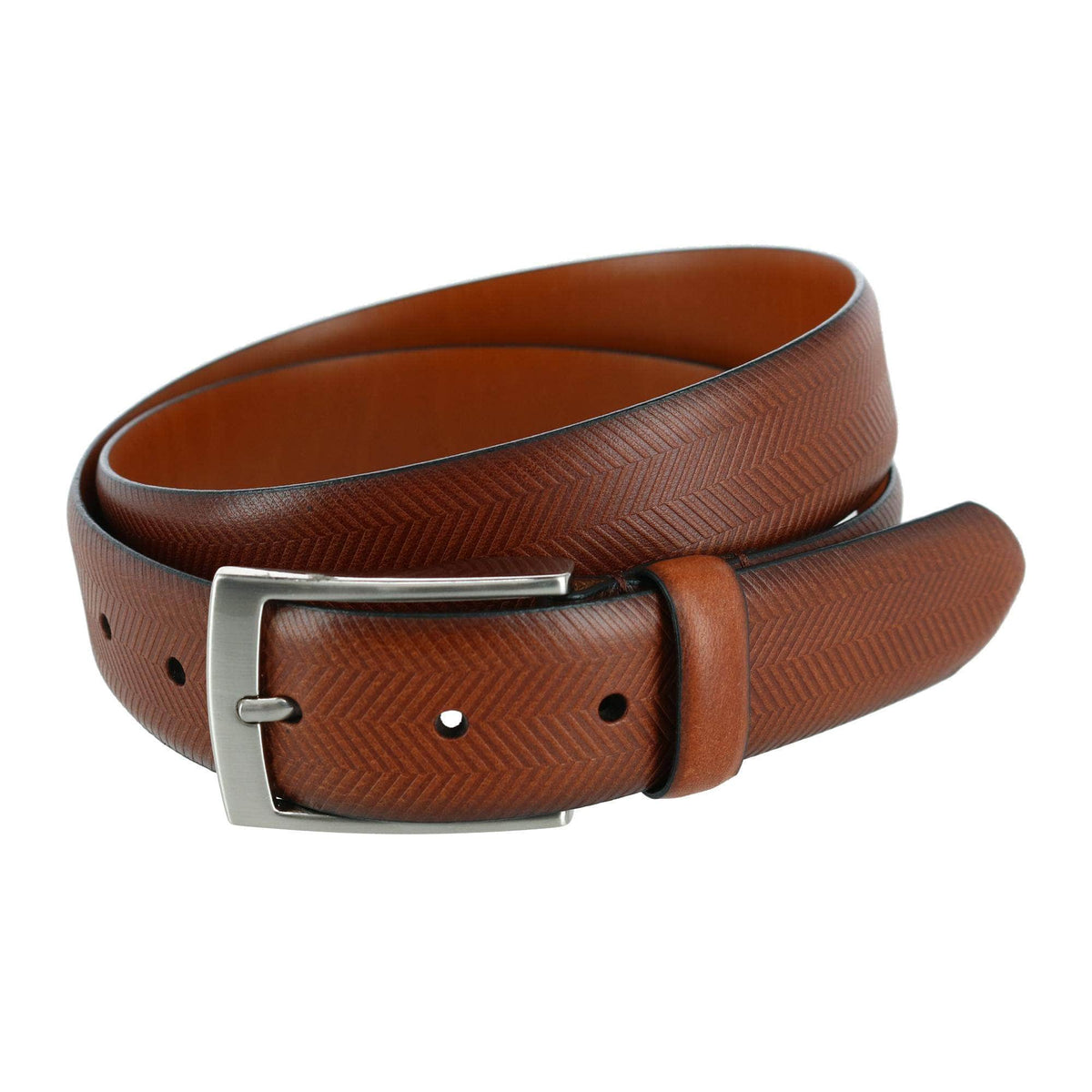 Gregorio 35mm Herringbone Embossed Feather Edged Leather Belt - Cognac