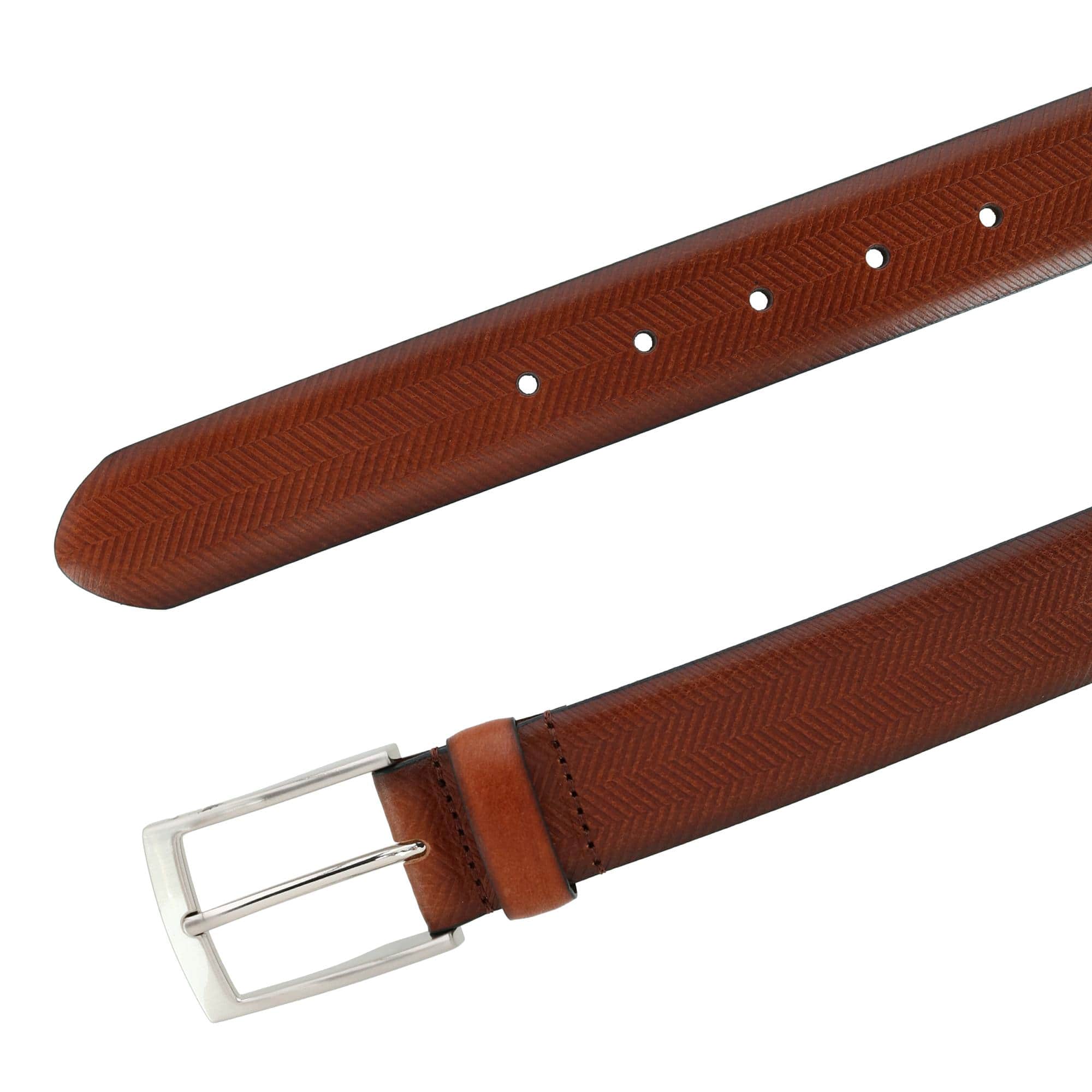 Gregorio 35mm Herringbone Embossed Feather Edged Leather Belt - Cognac