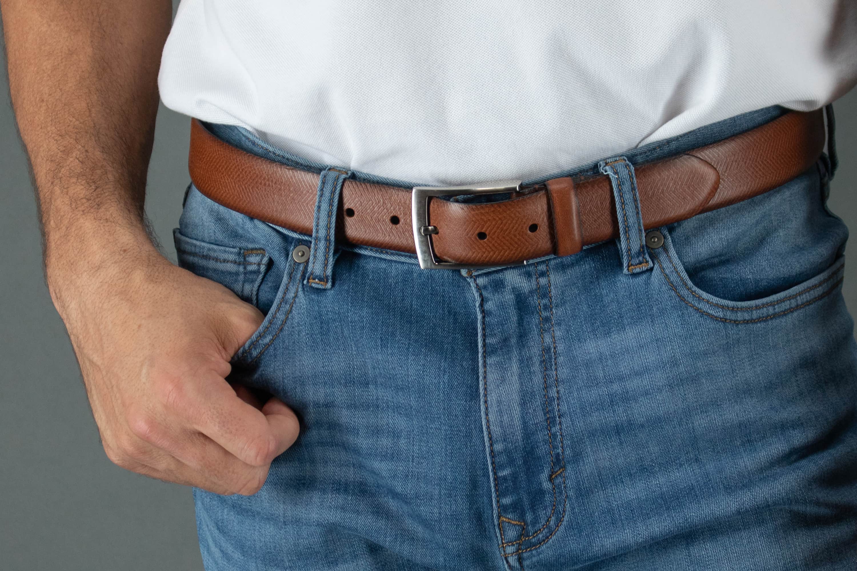 Gregorio 35mm Herringbone Embossed Feather Edged Leather Belt - Cognac