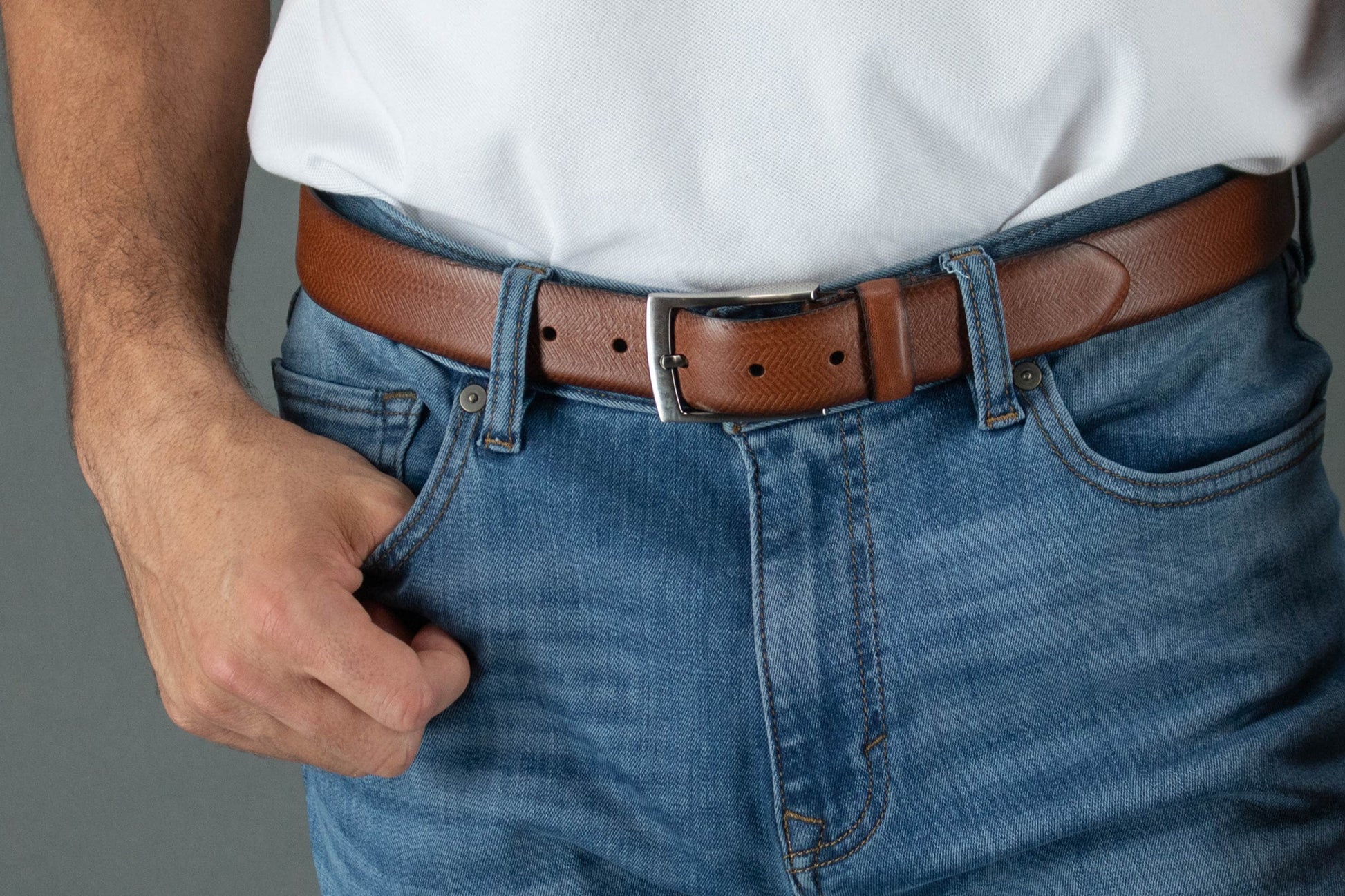 Gregorio 35mm Herringbone Embossed Feather Edged Leather Belt - Cognac