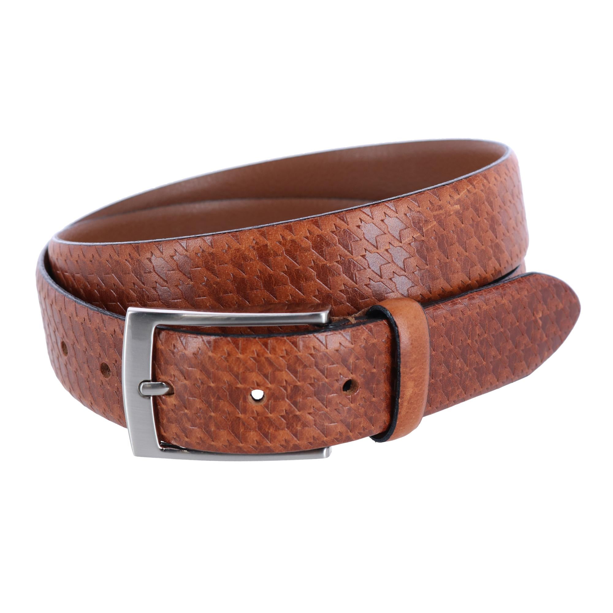Watson Houndstooth Embossed 35mm Leather Belt - Cognac