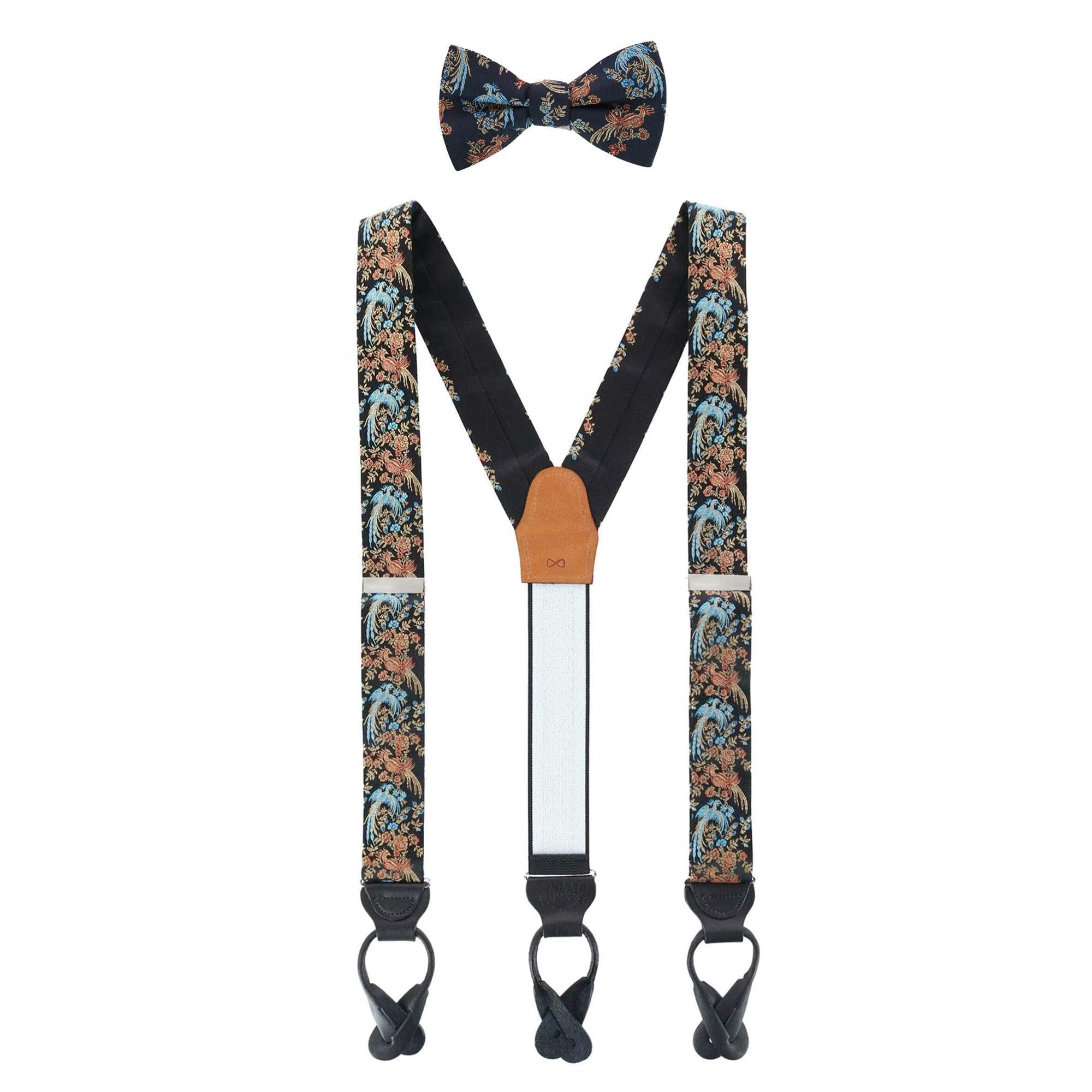 Birds of Prosperity Silk Button End Braces and Bow Tie Set - Black
