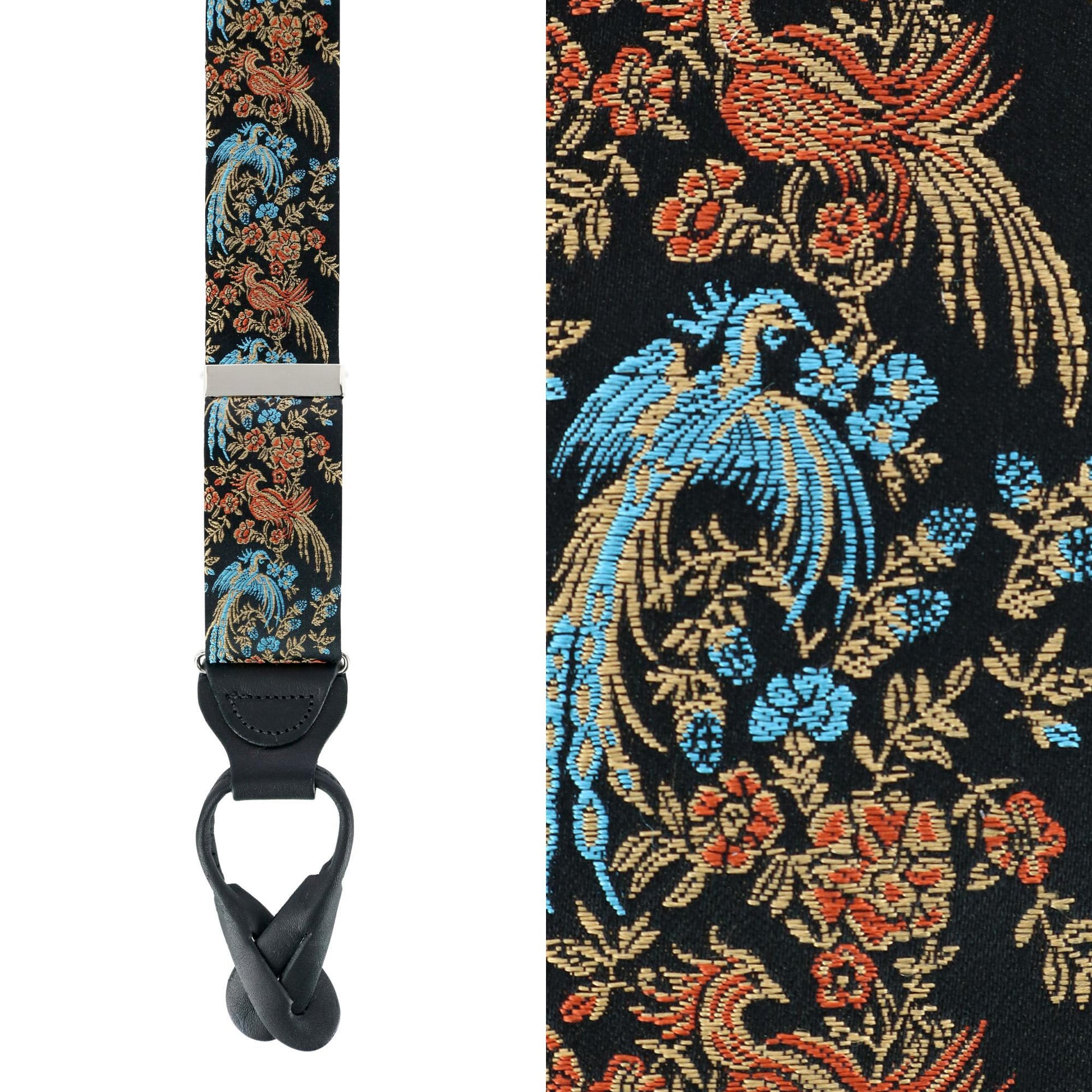 Birds of Prosperity Silk Button End Braces and Bow Tie Set - Black