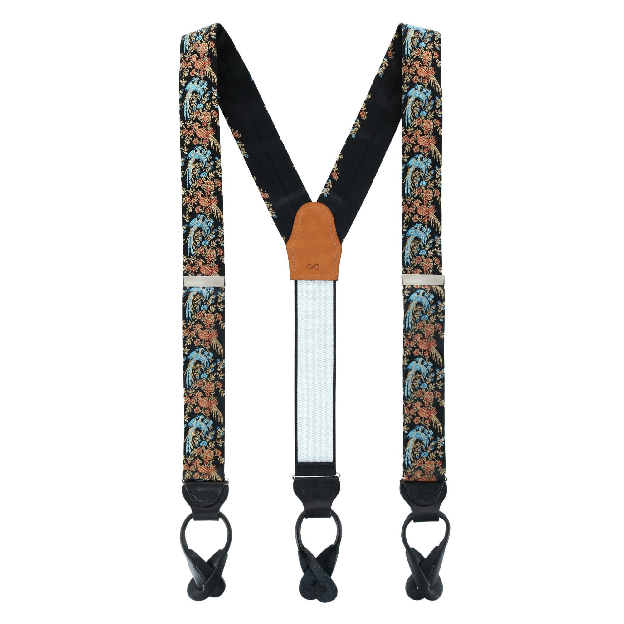 Birds of Prosperity Silk Button End Braces and Bow Tie Set - Black