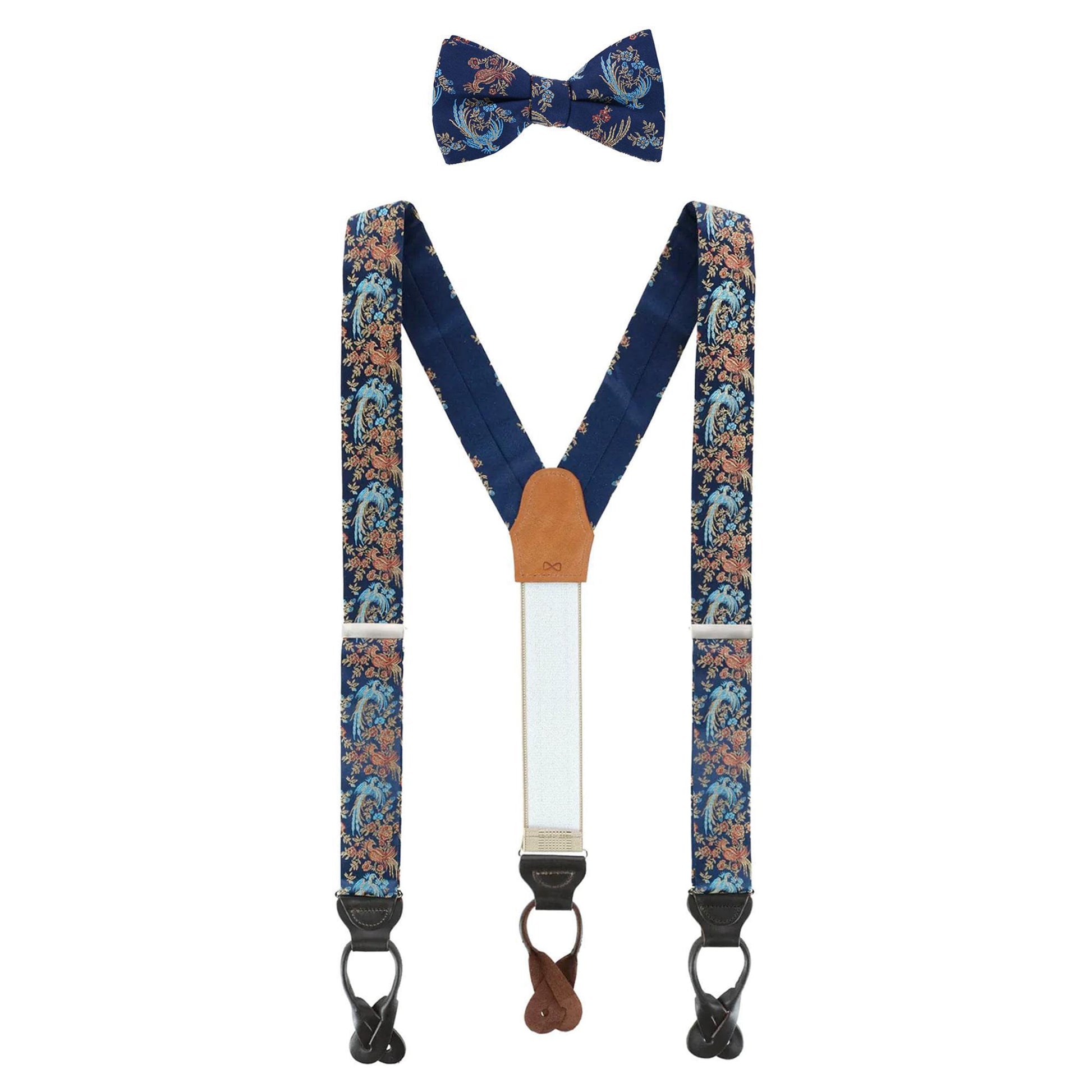 Birds of Prosperity Silk Button End Braces and Bow Tie Set - Navy