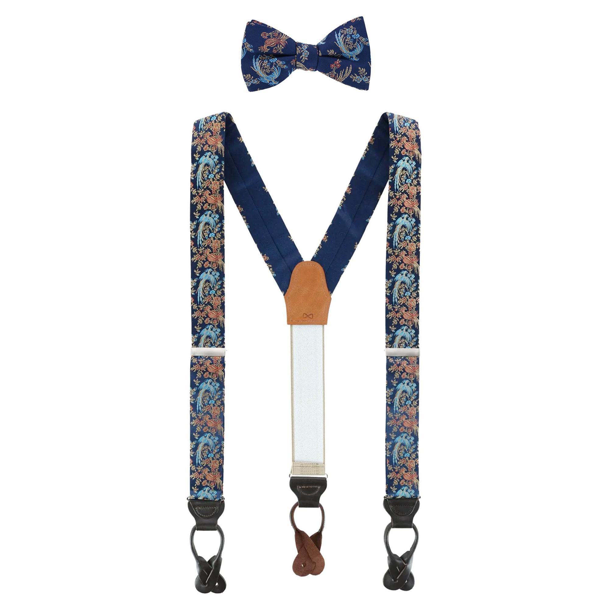 Birds of Prosperity Silk Button End Braces and Bow Tie Set - Navy