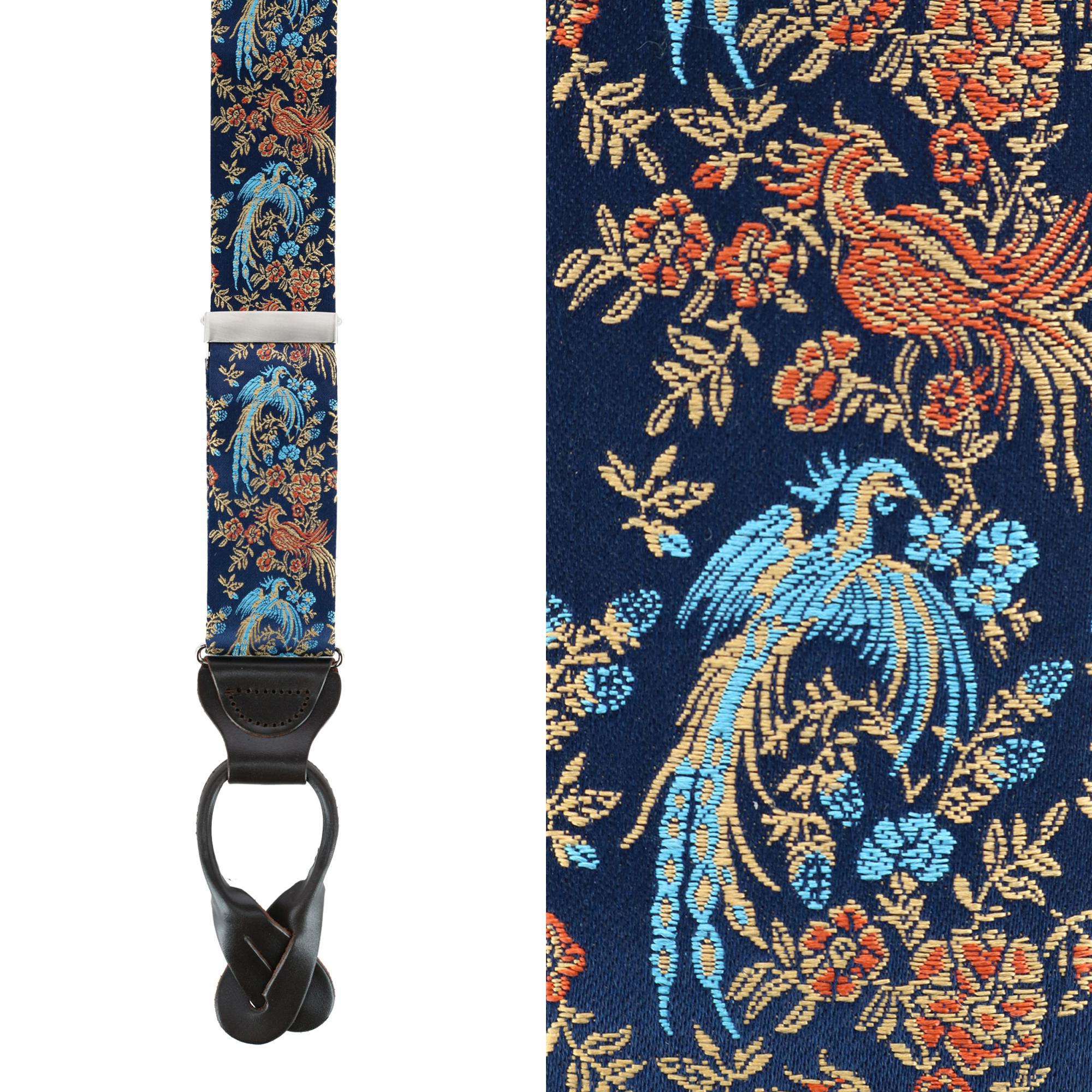 Birds of Prosperity Silk Button End Braces and Bow Tie Set - Navy