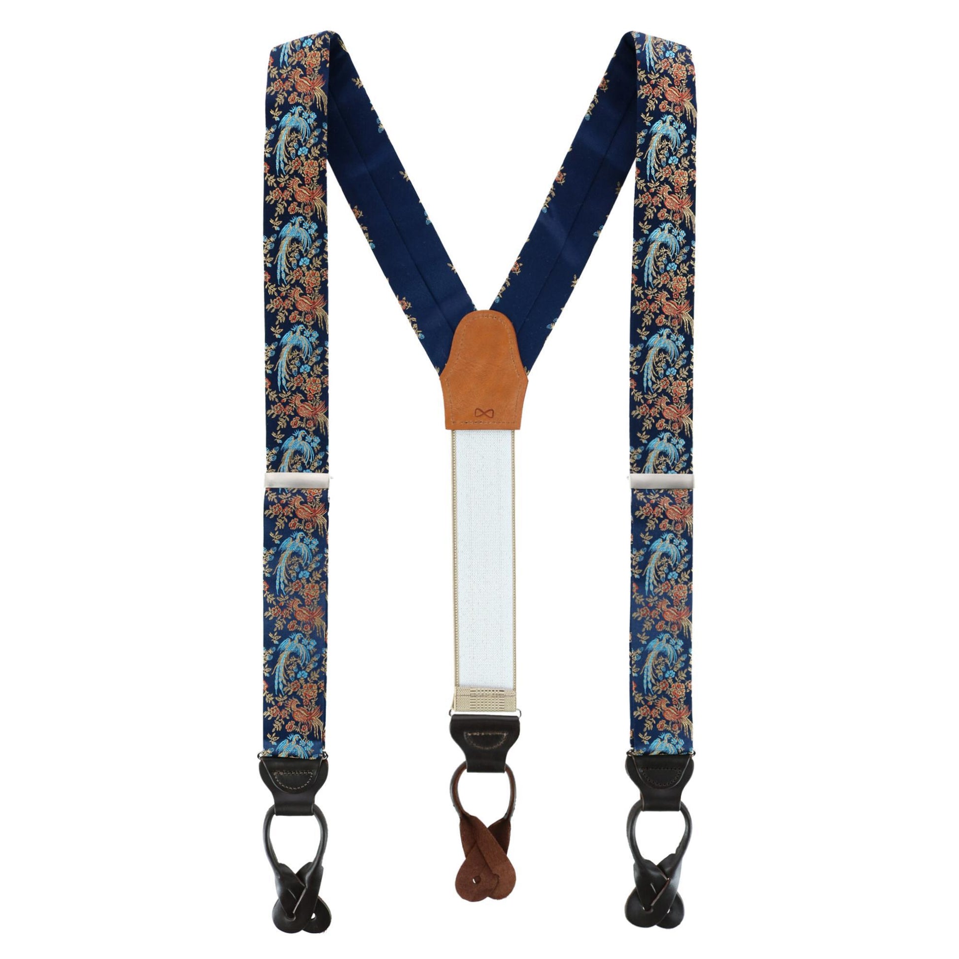 Birds of Prosperity Silk Button End Braces and Bow Tie Set - Navy