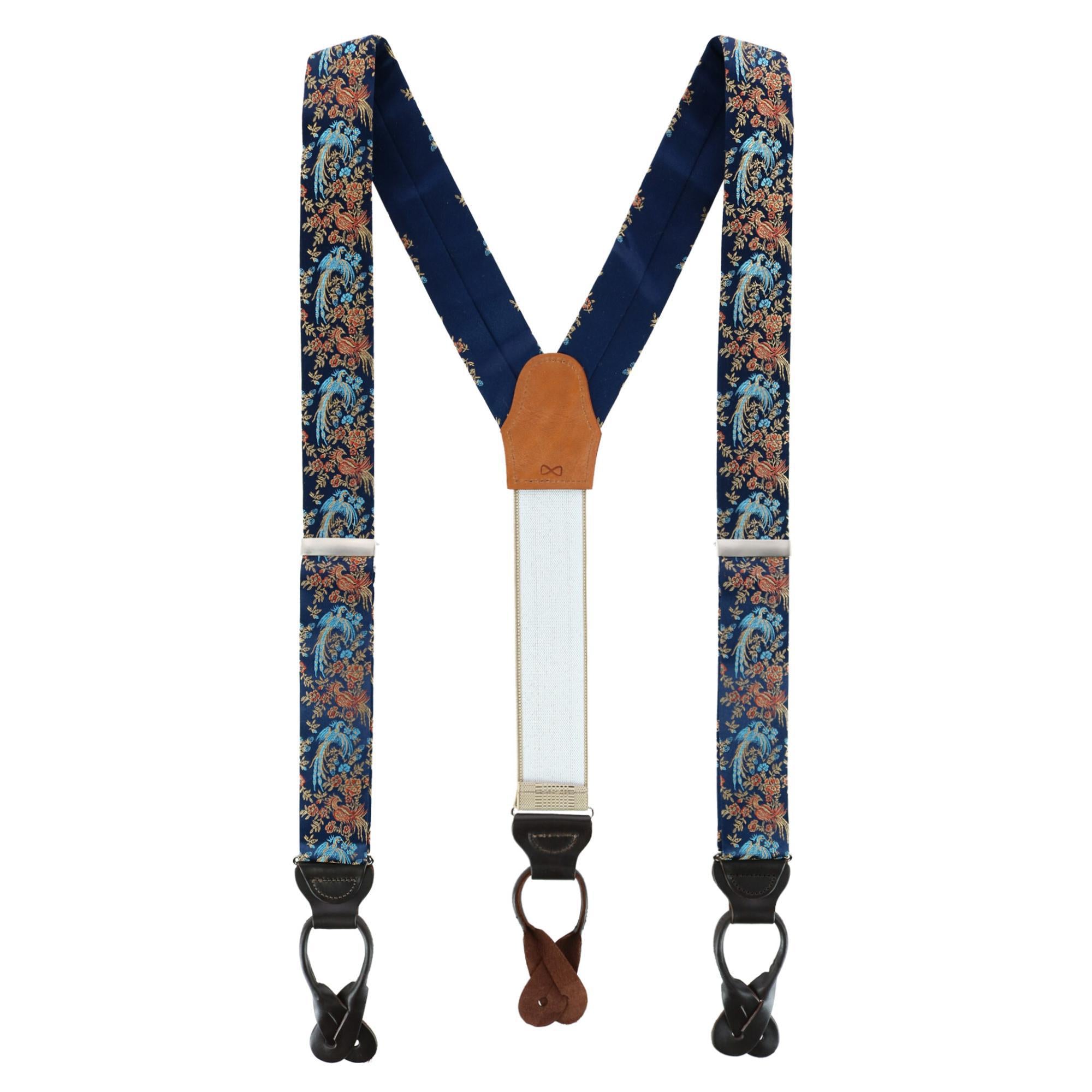 Birds of Prosperity Silk Button End Braces and Bow Tie Set - Navy