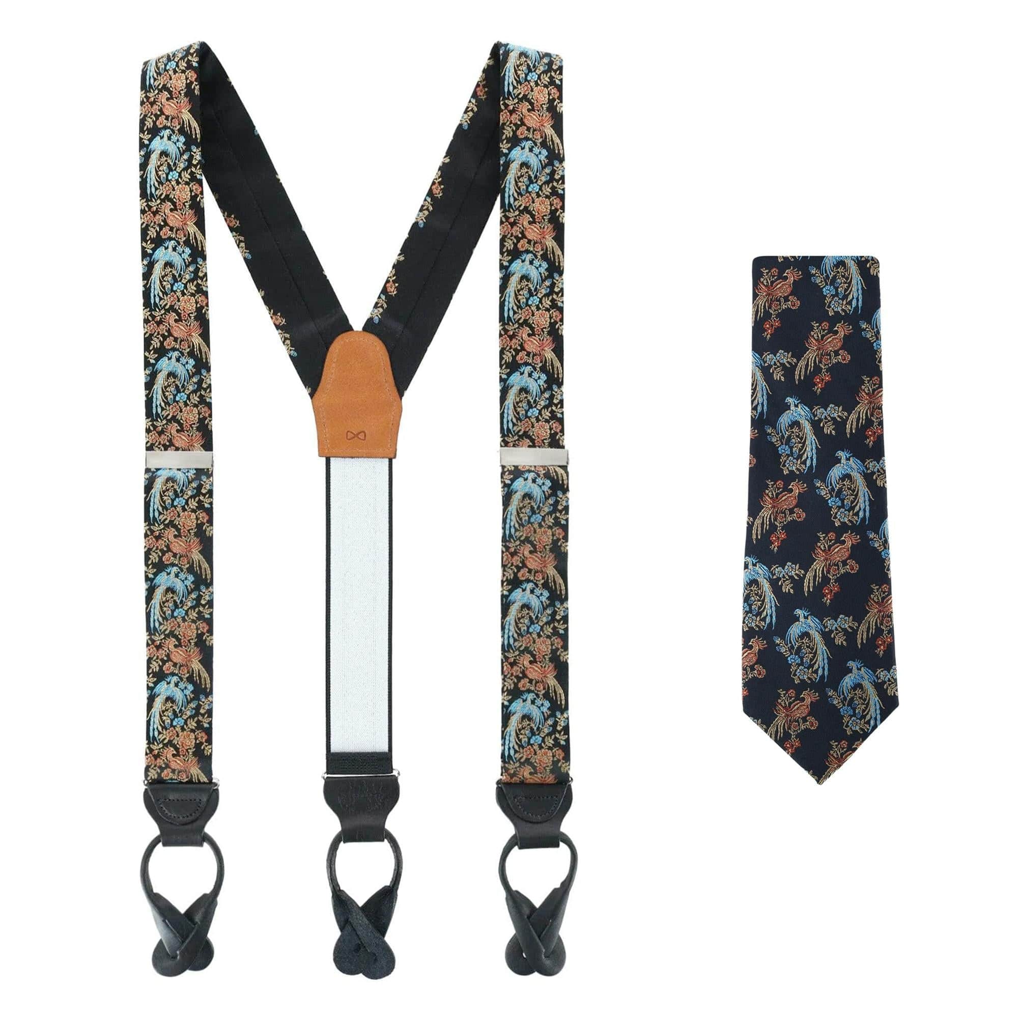 Birds of Prosperity Silk Button End Braces and Necktie Set - Black