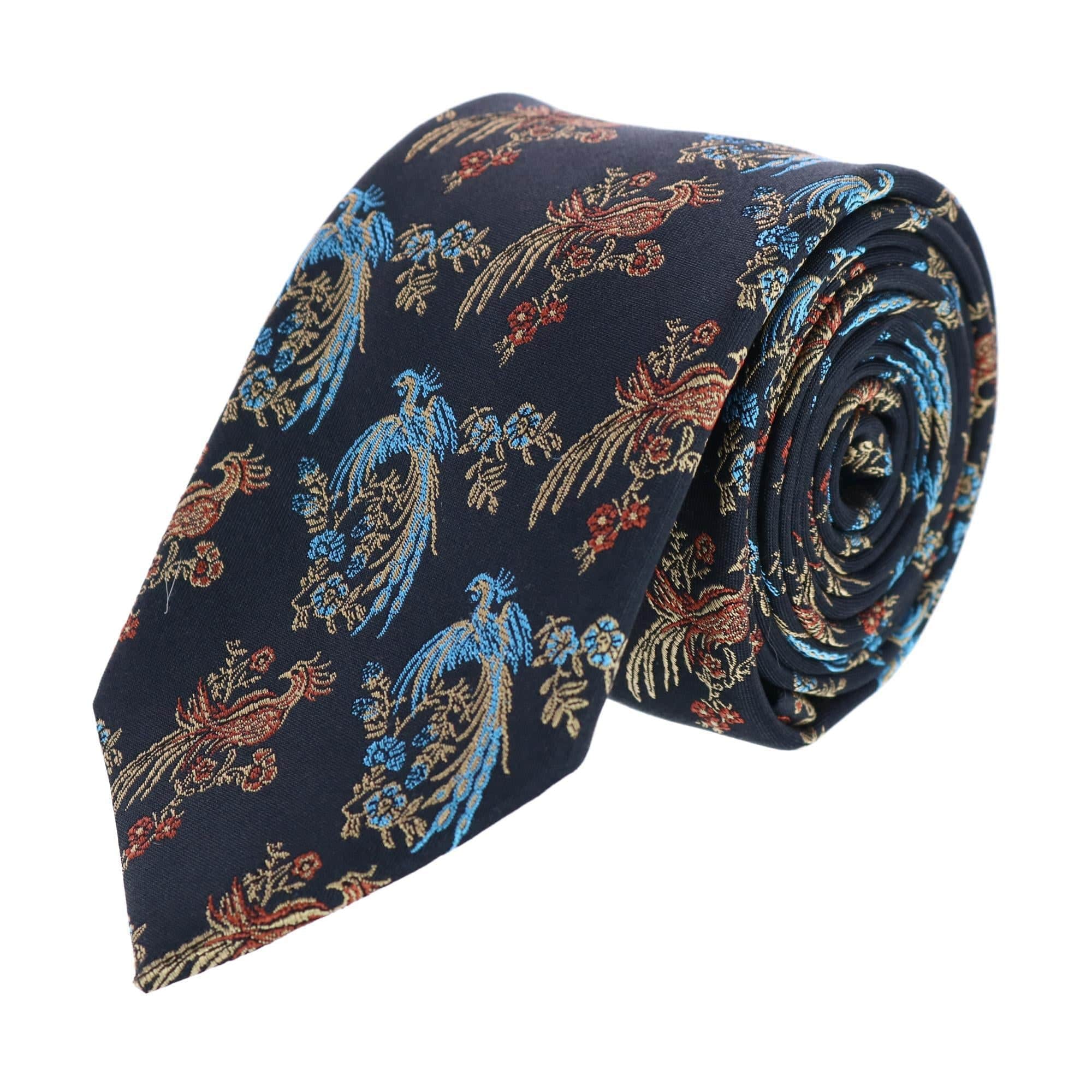 Birds of Prosperity Silk Button End Braces and Necktie Set - Black