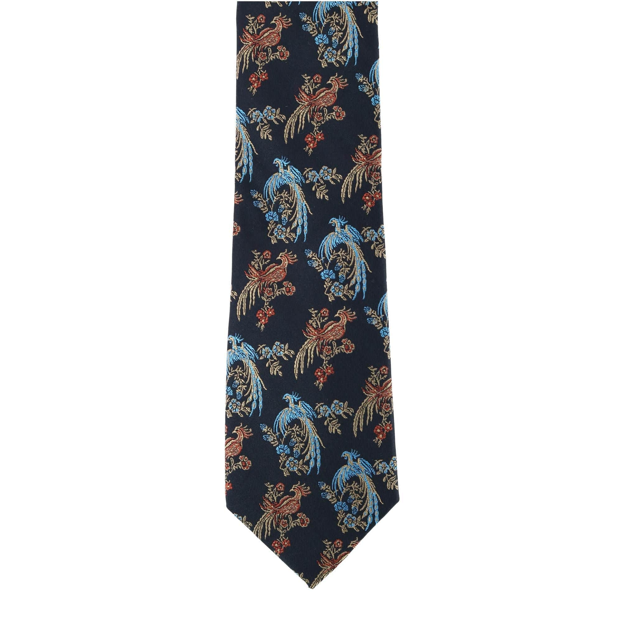 Birds of Prosperity Silk Button End Braces and Necktie Set - Black