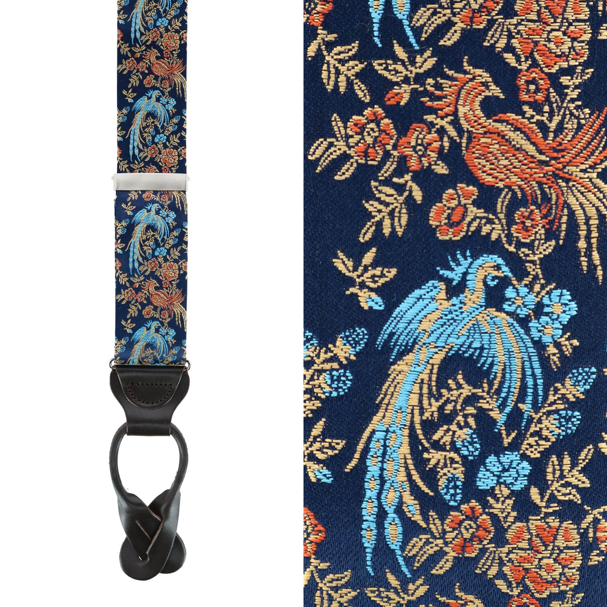Birds of Prosperity Silk Button End Braces and Necktie Set - Navy