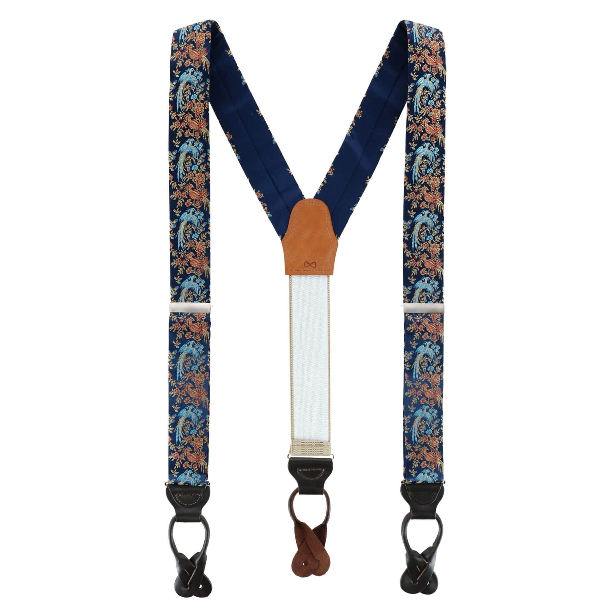 Birds of Prosperity Silk Button End Braces and Necktie Set - Navy