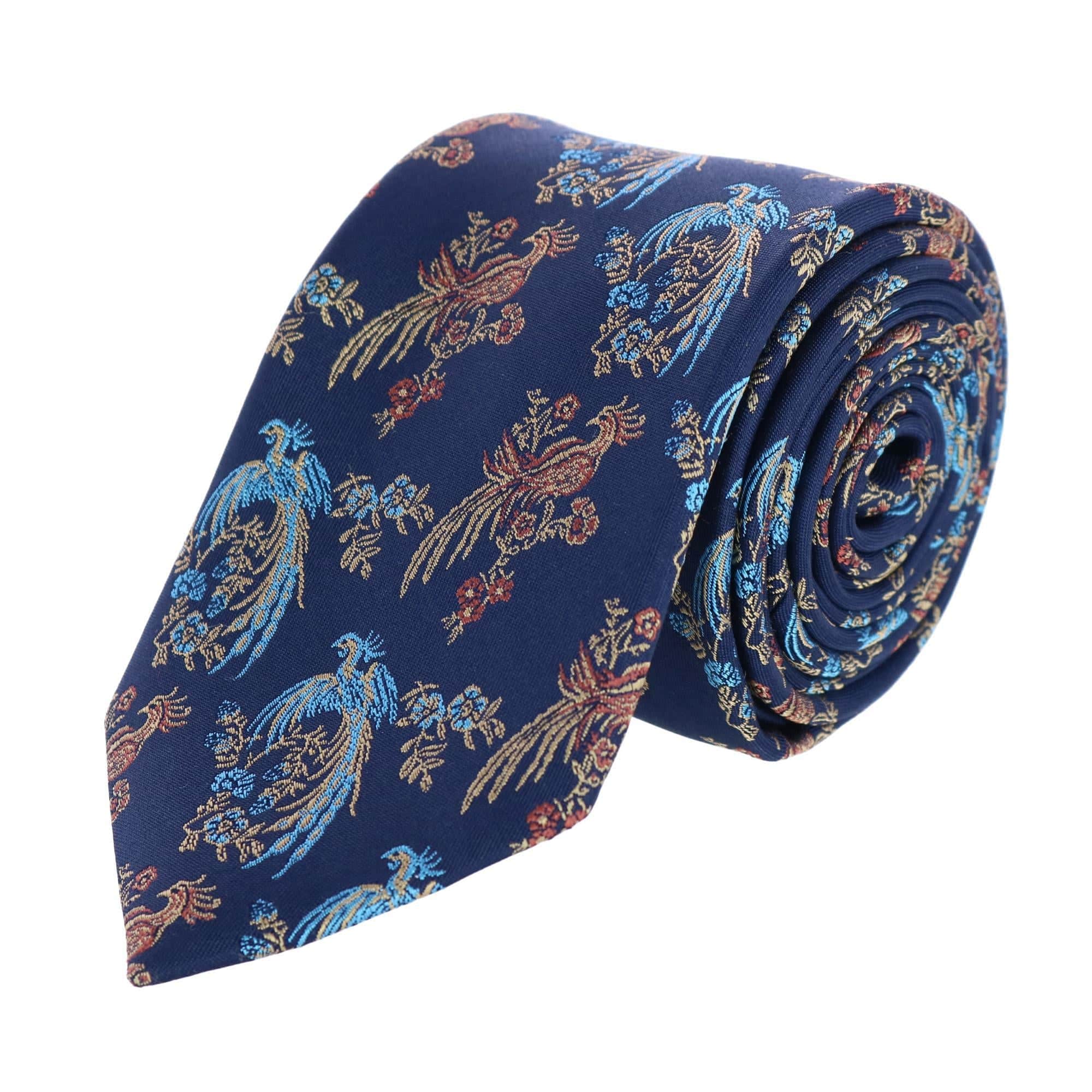 Birds of Prosperity Silk Button End Braces and Necktie Set - Navy