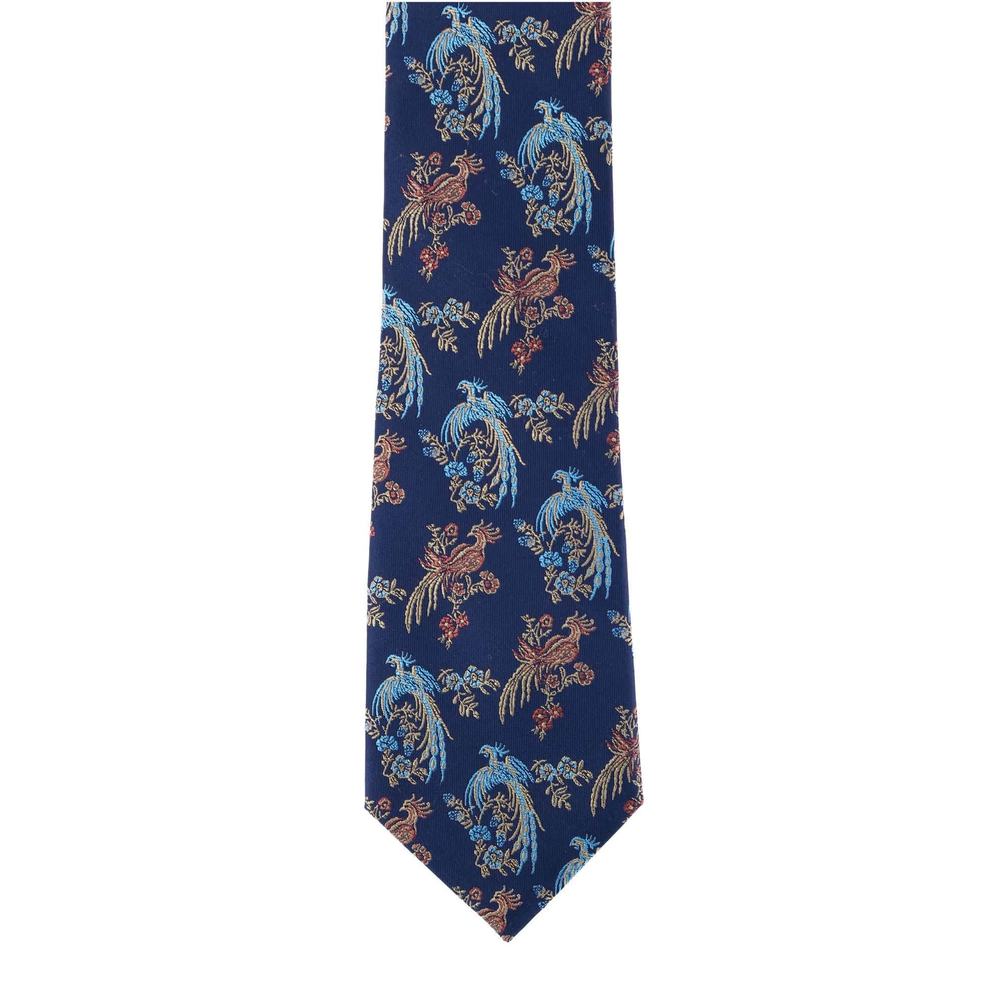 Birds of Prosperity Silk Button End Braces and Necktie Set - Navy