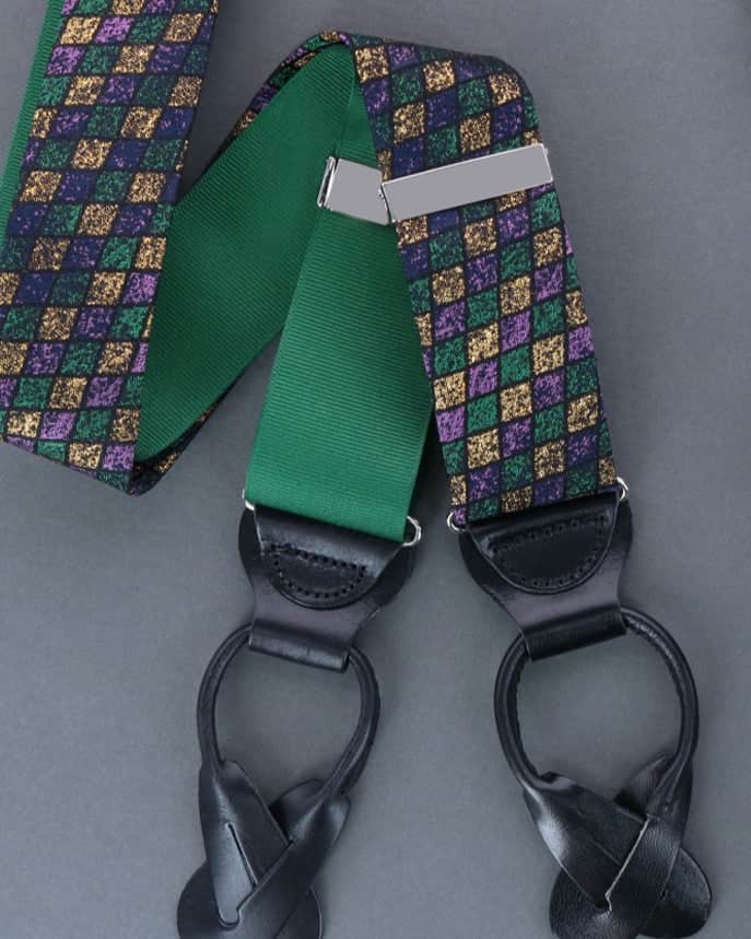 Carnival Diamond Multi-Colored Novelty Silk Button End Braces - Purple, Green, and Yellow