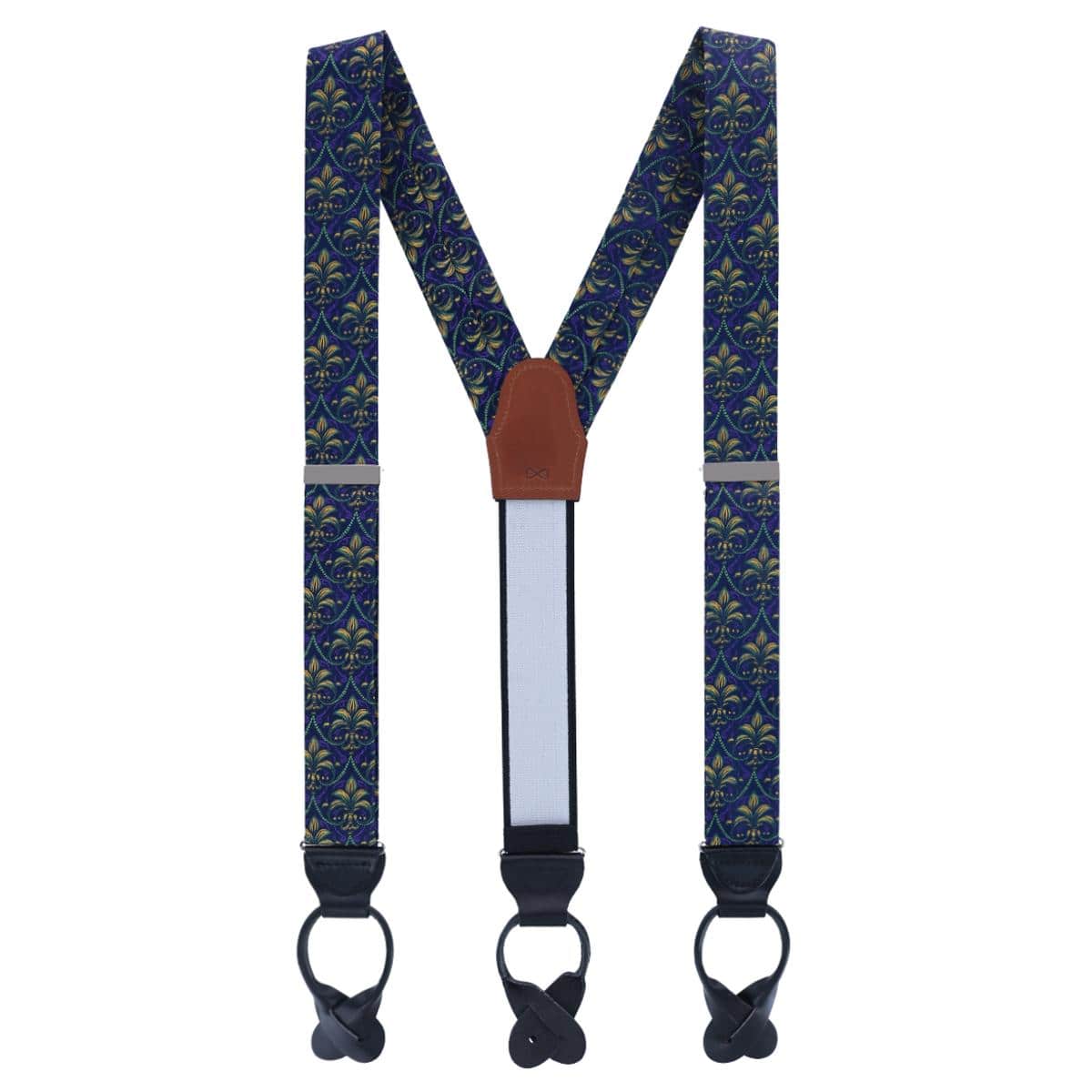 The French Quarter Fleur-de-Lis Silk Novelty Button End Braces - Purple, Yellow, and Green