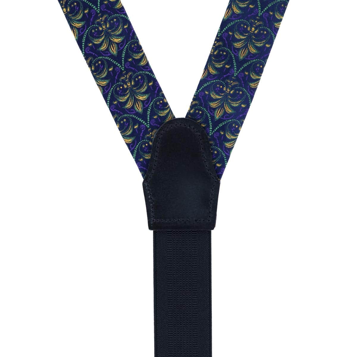 The French Quarter Fleur-de-Lis Silk Novelty Button End Braces - Purple, Yellow, and Green