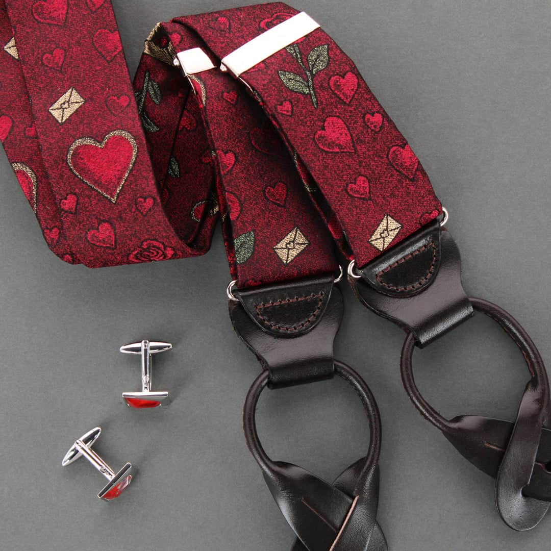 Amor Valentine's Note Silk Button End Braces - Red