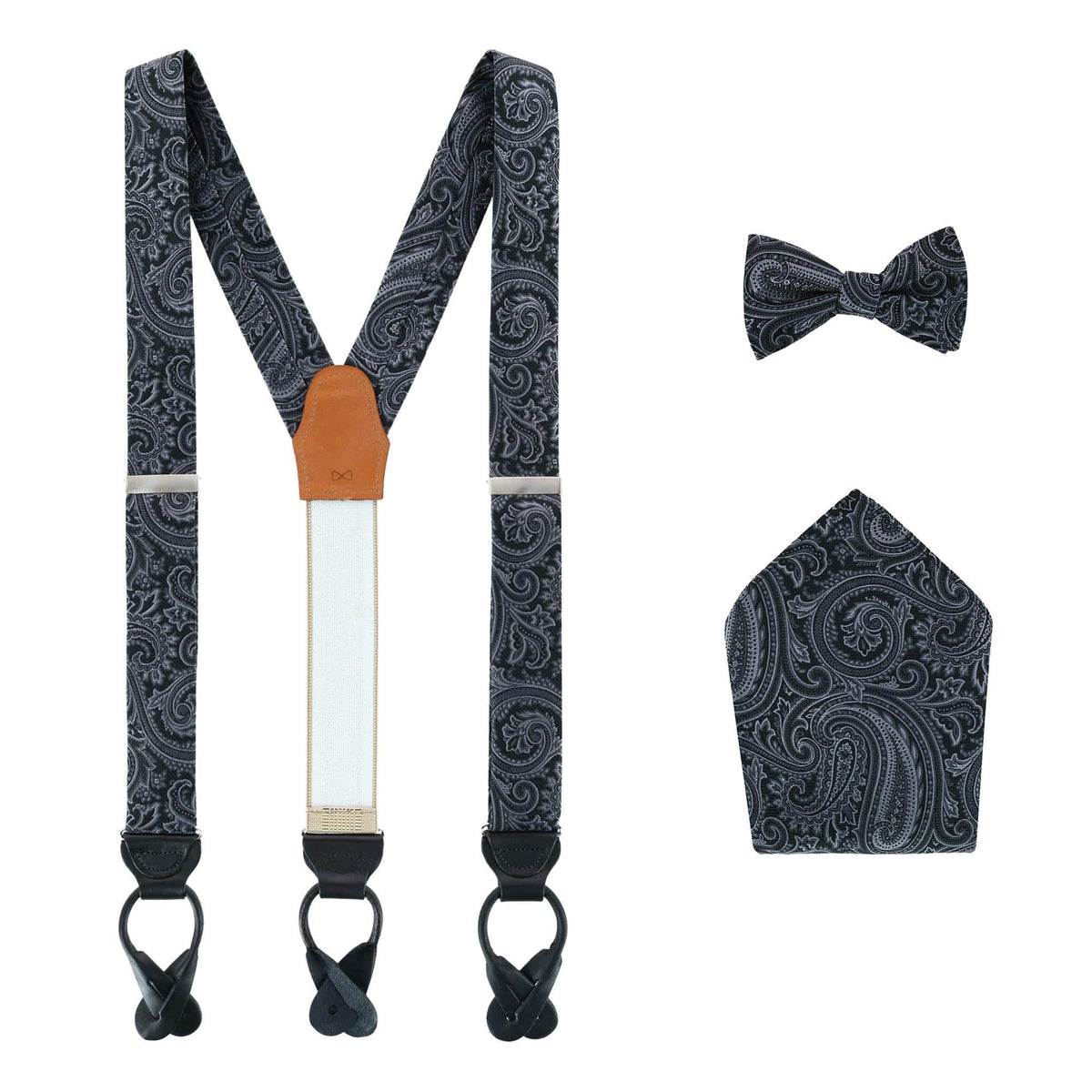 Sobee Paisley Brace Bow Tie & Pocket Square Set - Black