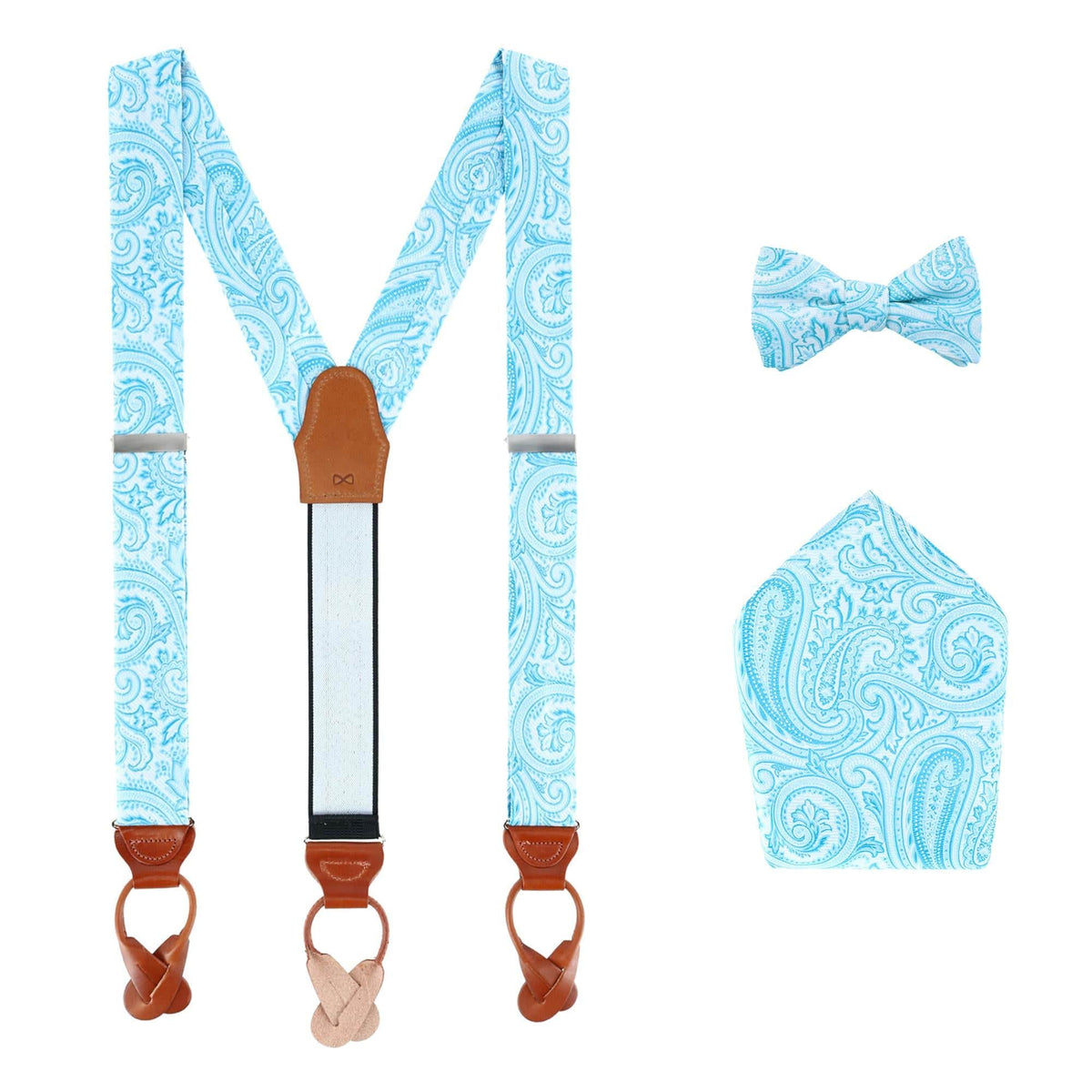 Sobee Paisley Brace Bow Tie & Pocket Square Set - Light Blue