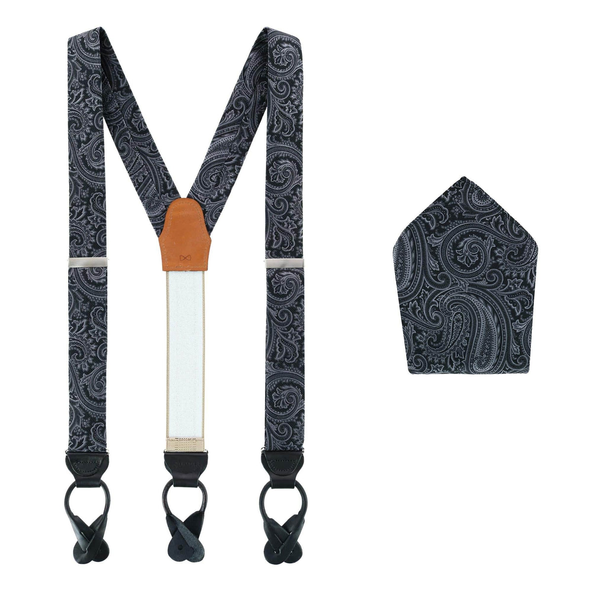 Sobee Paisley Silk Brace & Pocket Square Set - Black