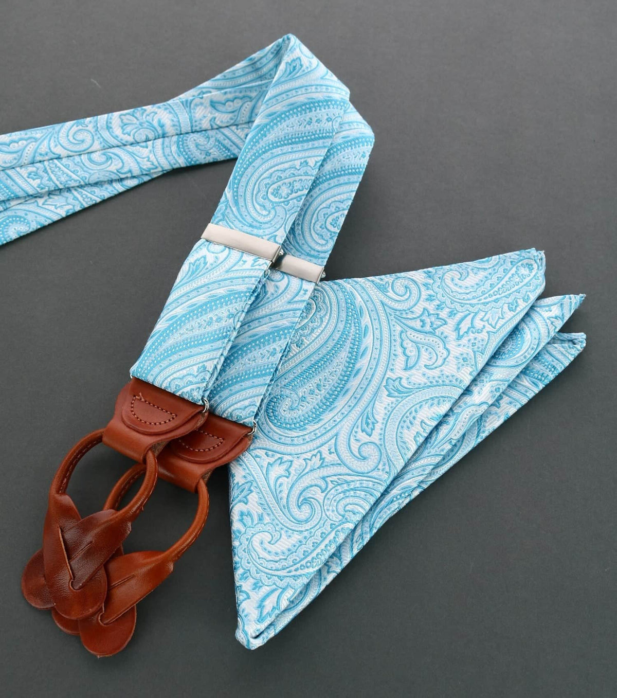 Sobee Paisley Silk Brace & Pocket Square Set - Light Blue
