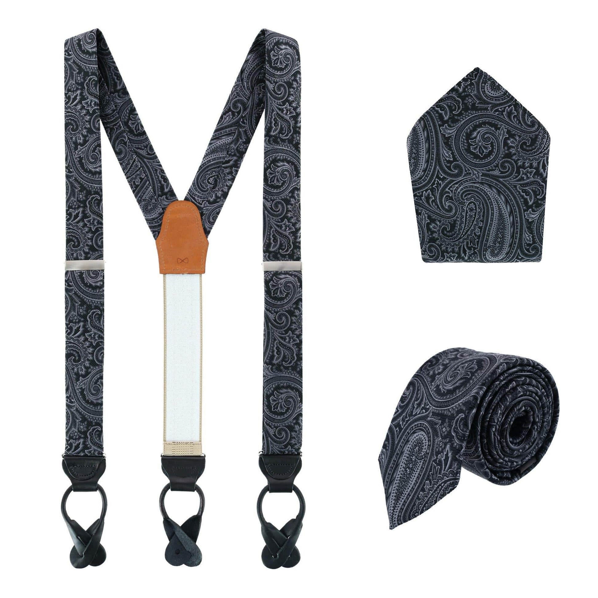 Sobee Paisley Brace Necktie & Pocket Square - Black