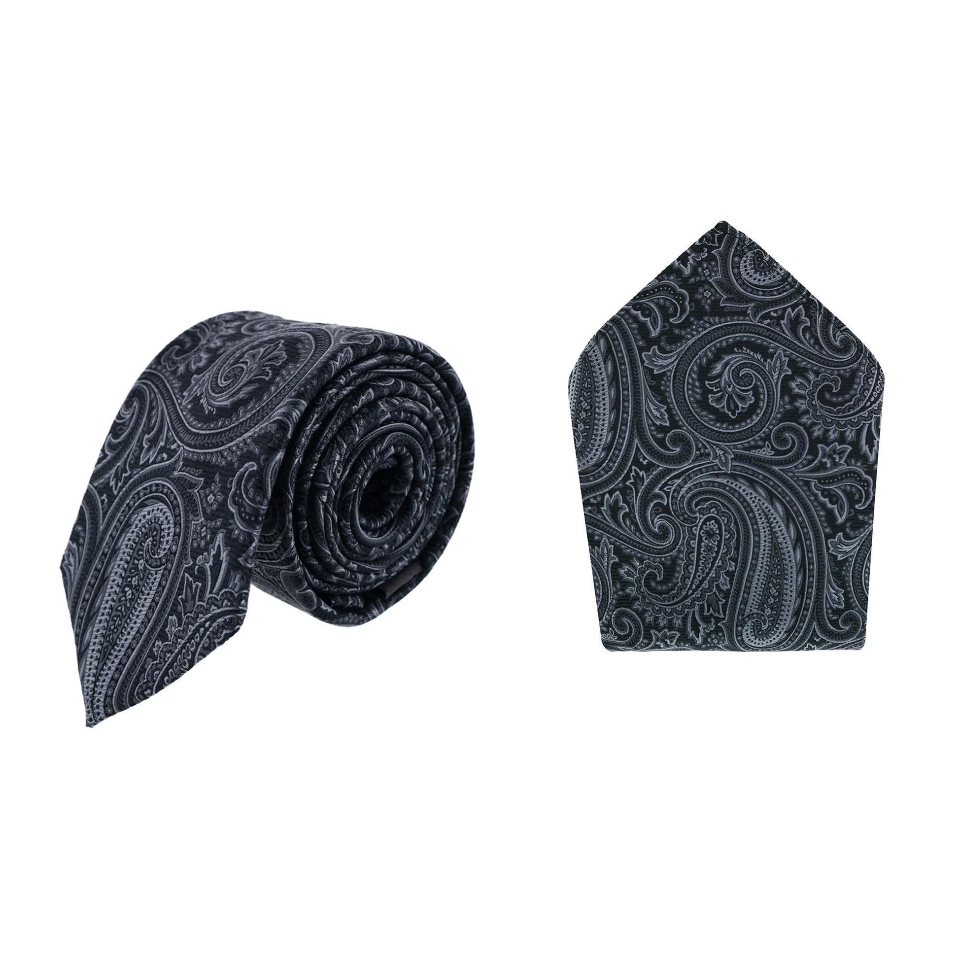 Sobee Paisley Silk Necktie and Pocket Square - Black