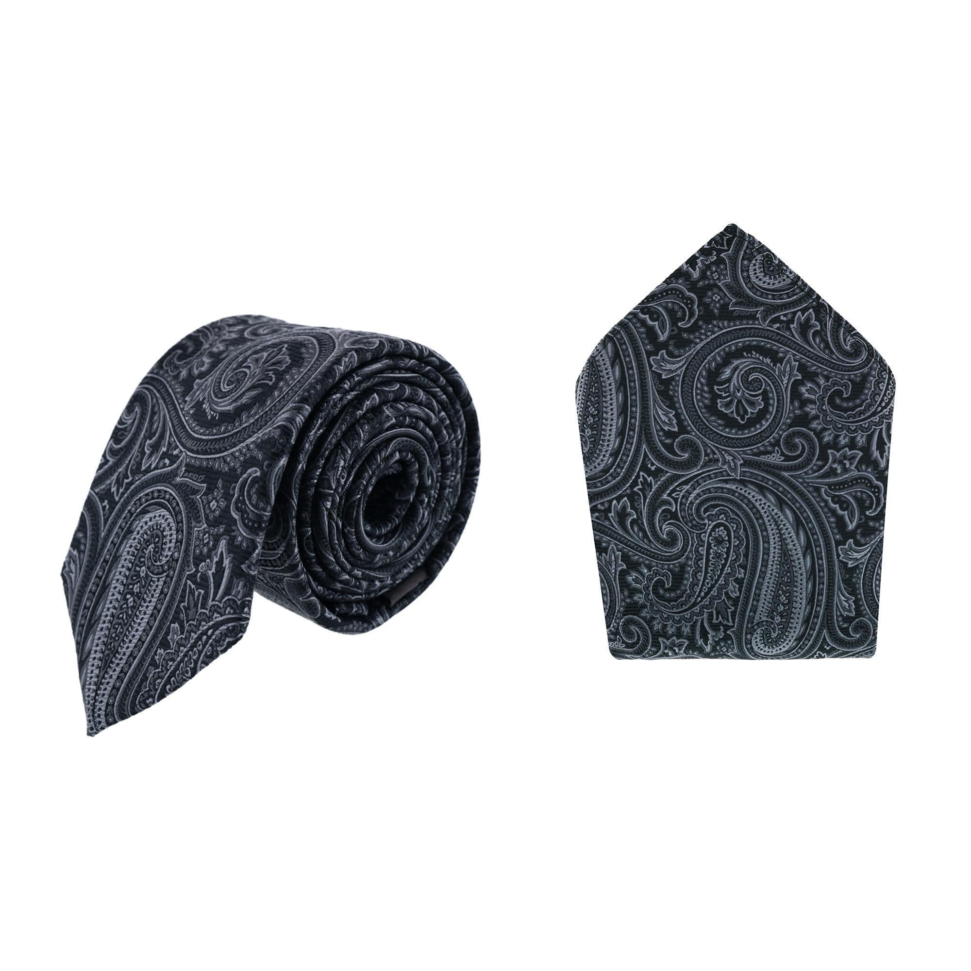 Sobee Paisley Silk Necktie and Pocket Square - Black