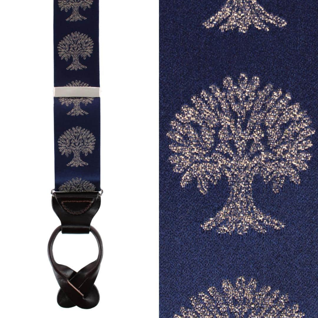 Heritage Oak Tree Novelty Silk Button End Braces - Navy Blue