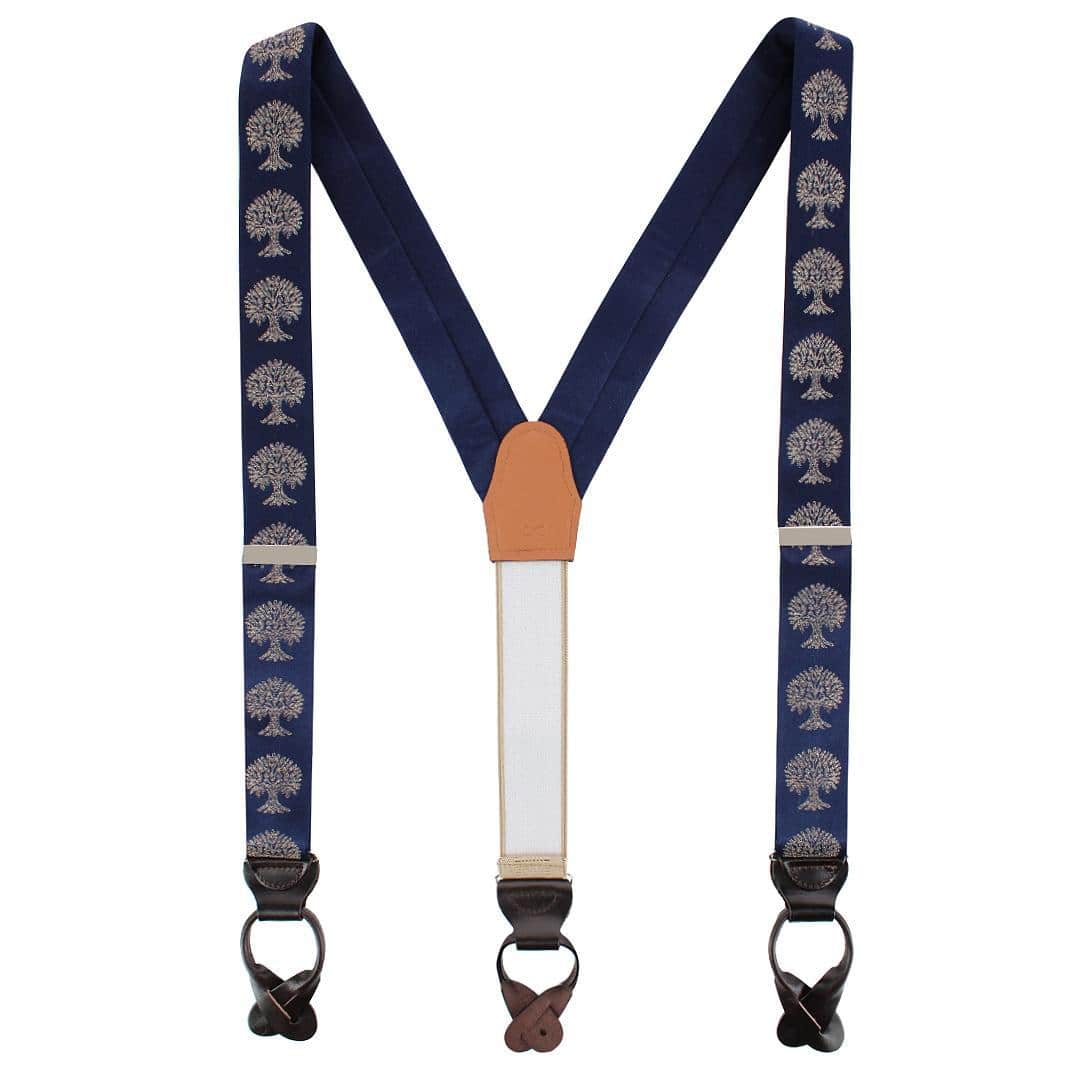 Heritage Oak Tree Novelty Silk Button End Braces - Navy Blue