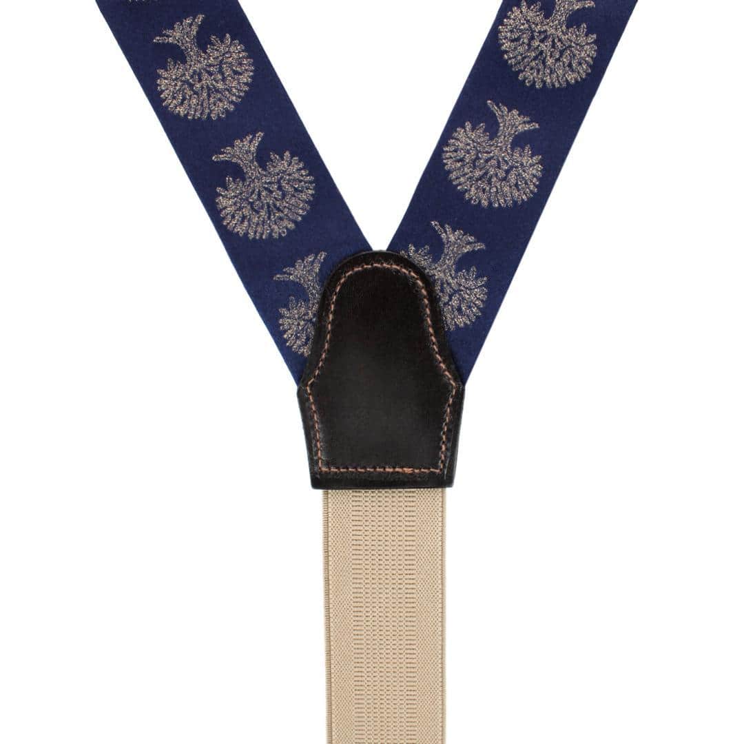 Heritage Oak Tree Novelty Silk Button End Braces - Navy Blue