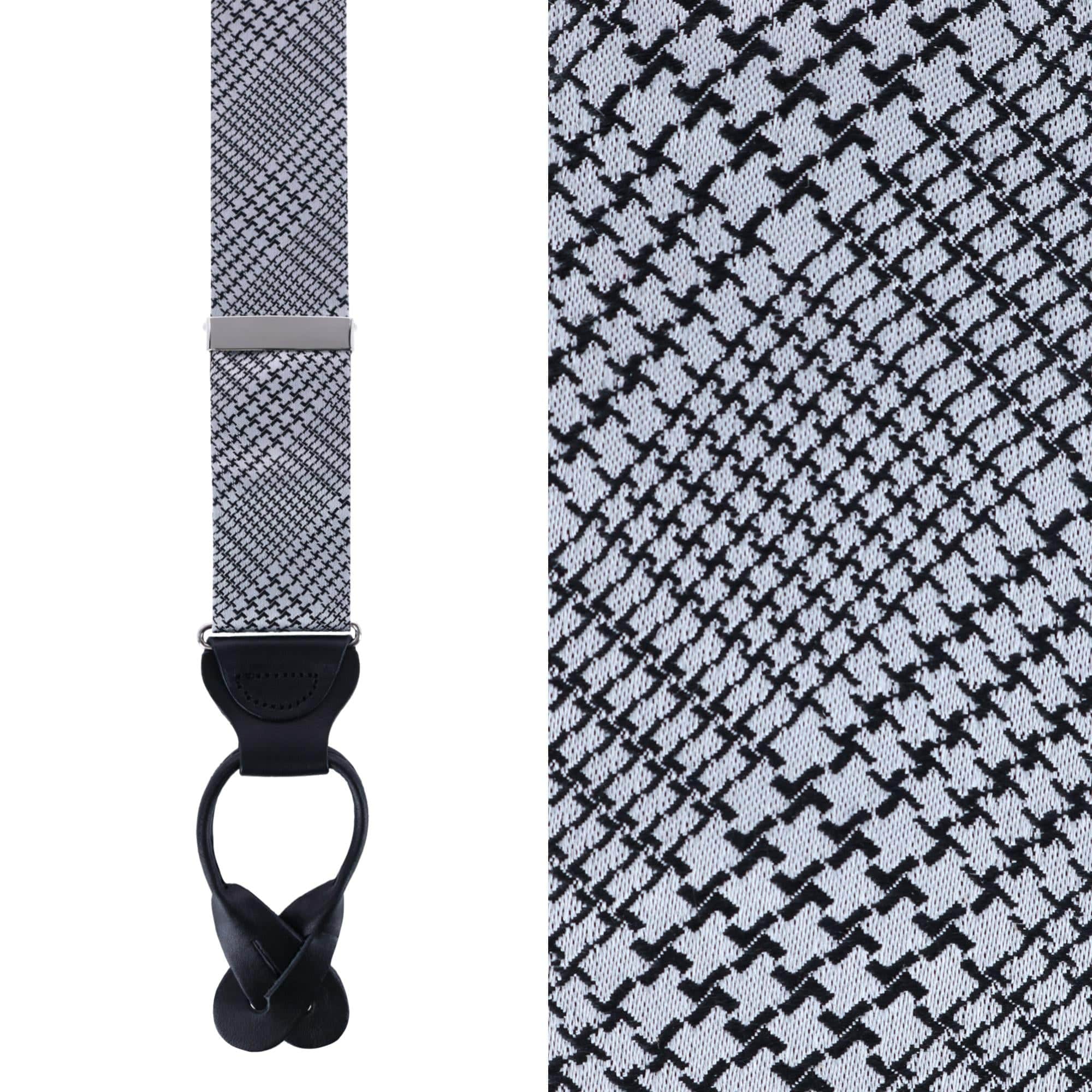 Benji The Houndstooth Plaid Silk Button End Braces - Black