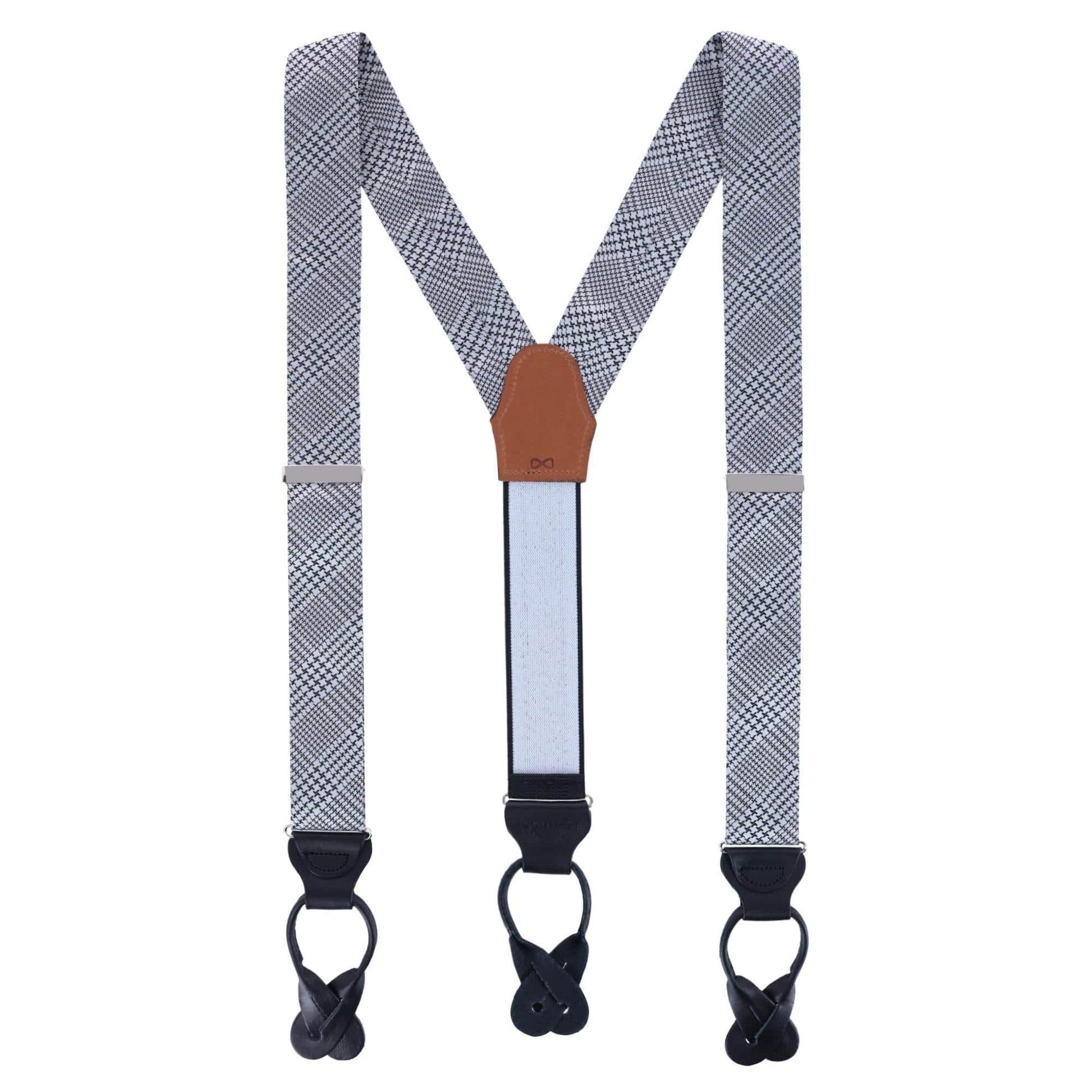 Benji The Houndstooth Plaid Silk Button End Braces - Black