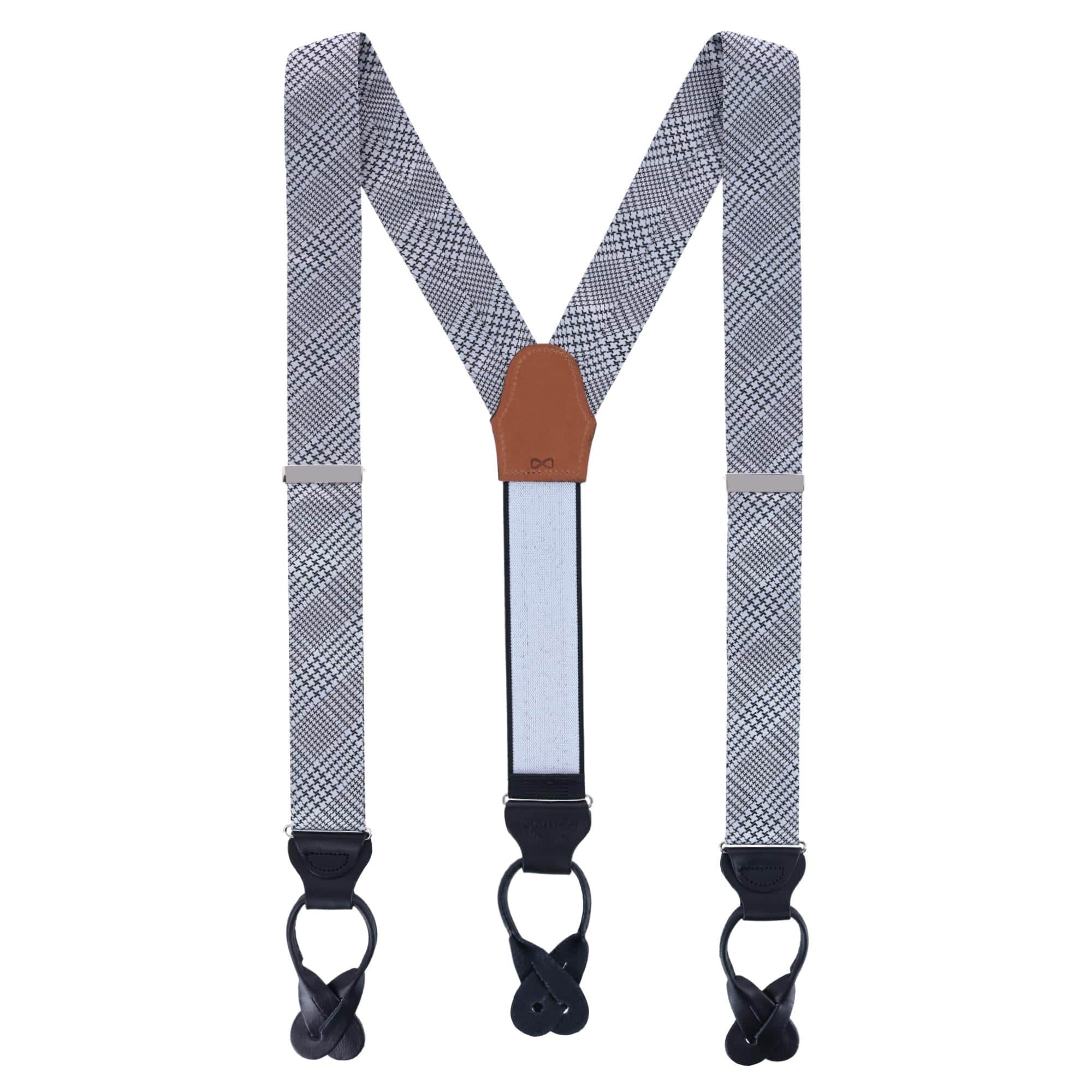 Benji The Houndstooth Plaid Silk Button End Braces - Black