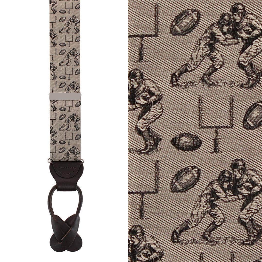 Field Goal Football Themed Novelty Silk Button End Braces - Taupe