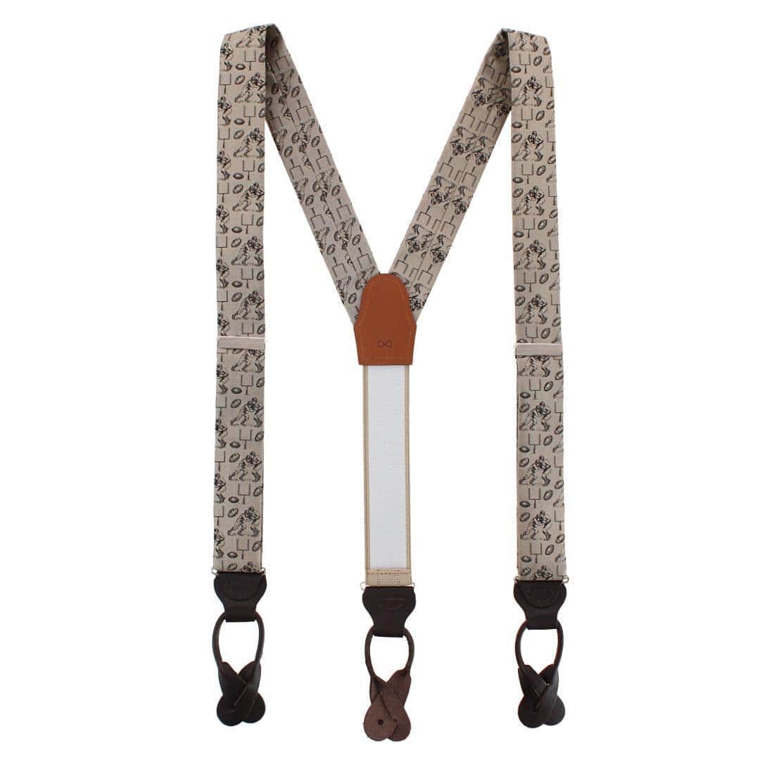 Field Goal Football Themed Novelty Silk Button End Braces - Taupe