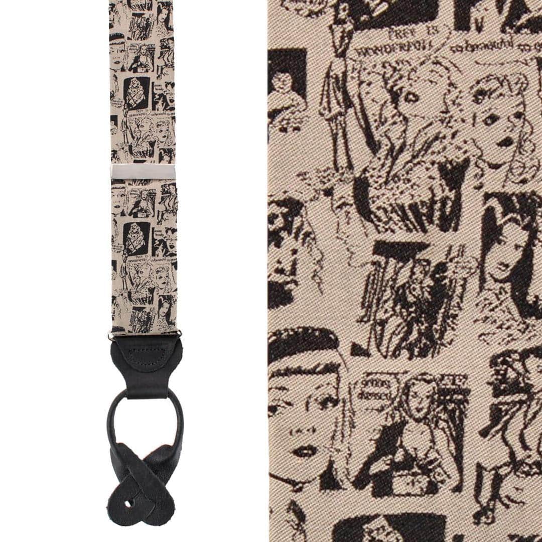 Vintage Comic Art Novelty Silk Button End Braces - Taupe