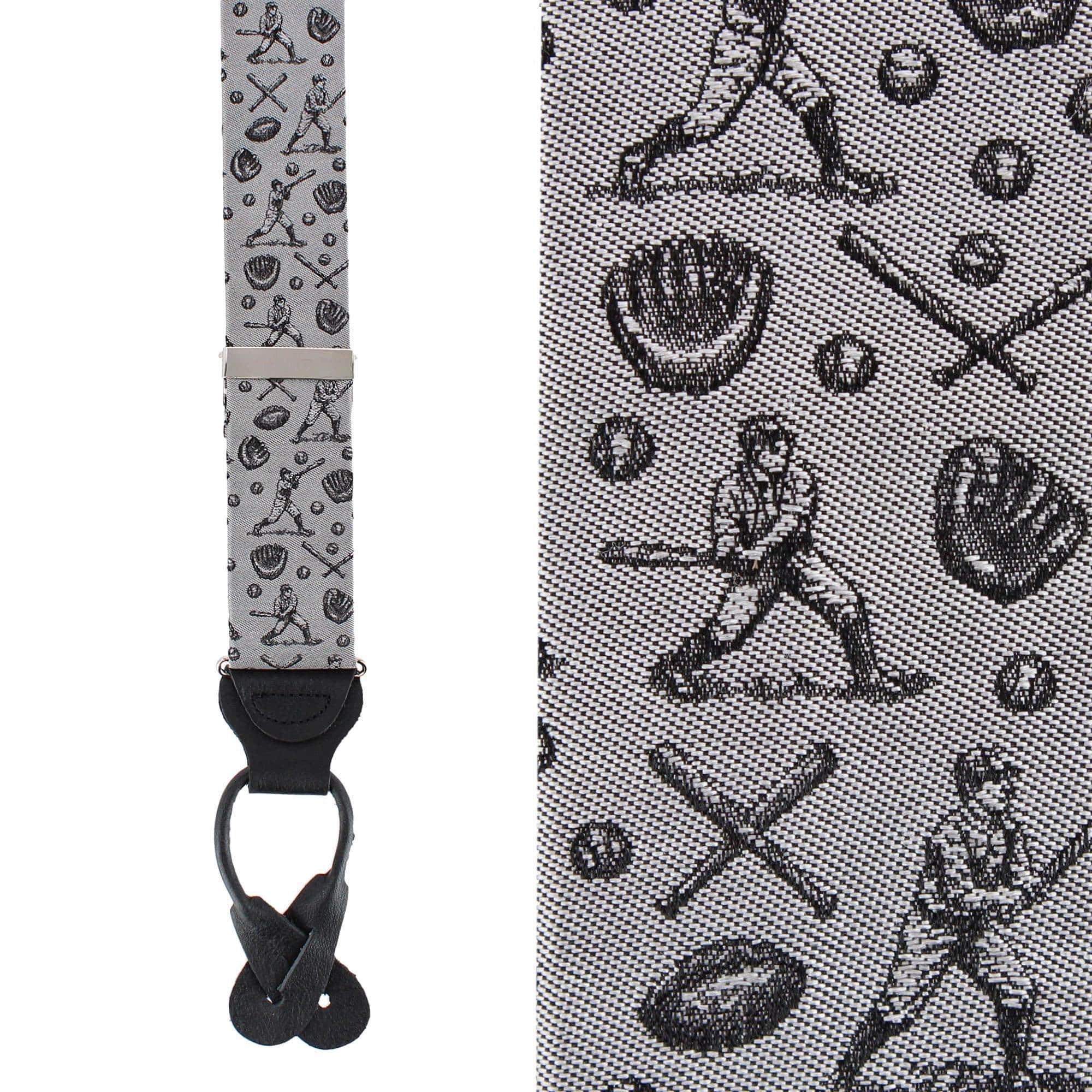Batter Up Novelty Baseball Silk Button End Braces - Silver